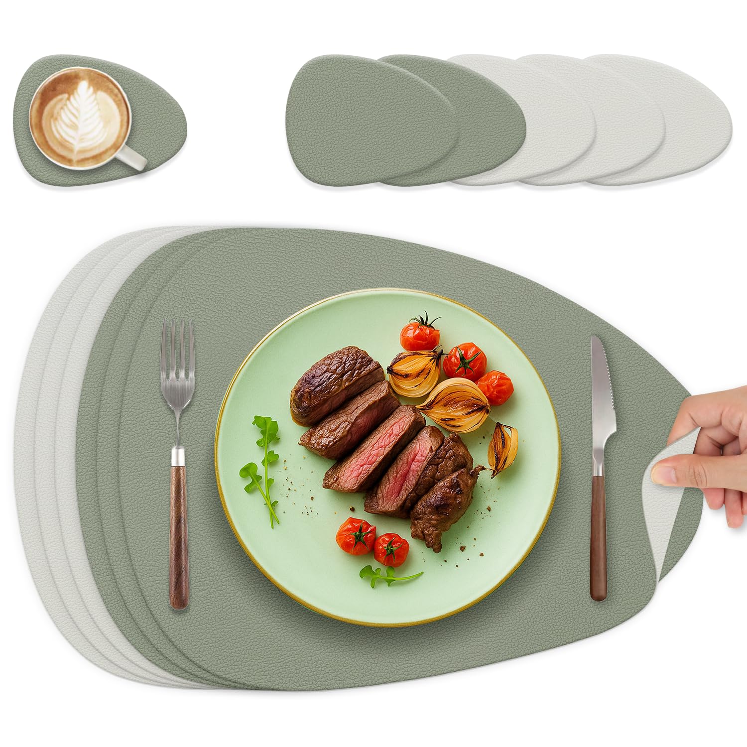 Tischsets Abwaschbar und Untersetzer, Oval Platzset Leder Platzdeckchen Abwaschbar Doppelseitigen Tischsets Umkehrbares Tischset rutschfest Lederoptik