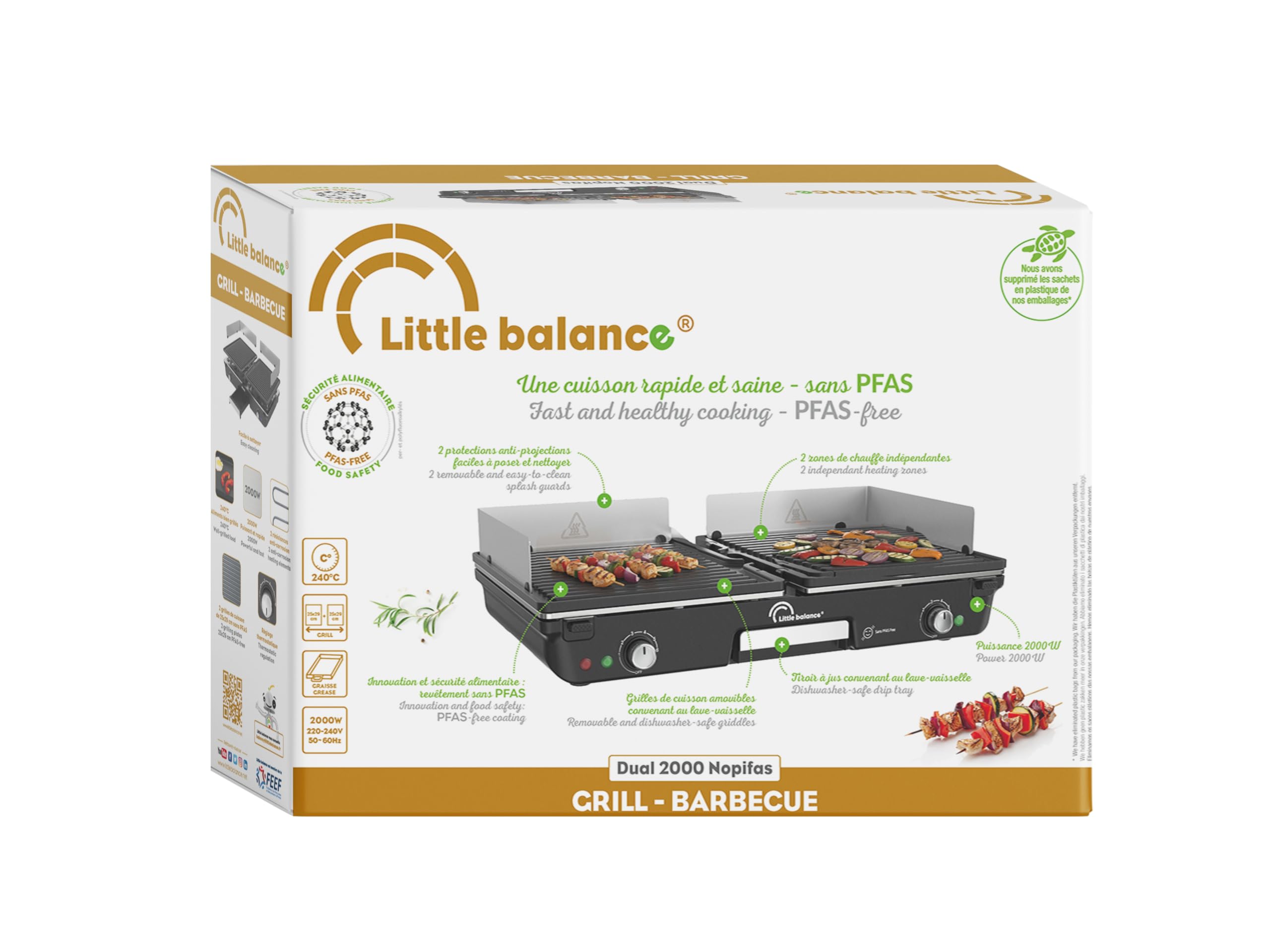 LITTLE BALANCE 3066 Dual 2000 Nopifas, Plancha Barbecue électrique, Sans PFAS, 2 zones de cuissons indépendantes, 2000 W, Noir