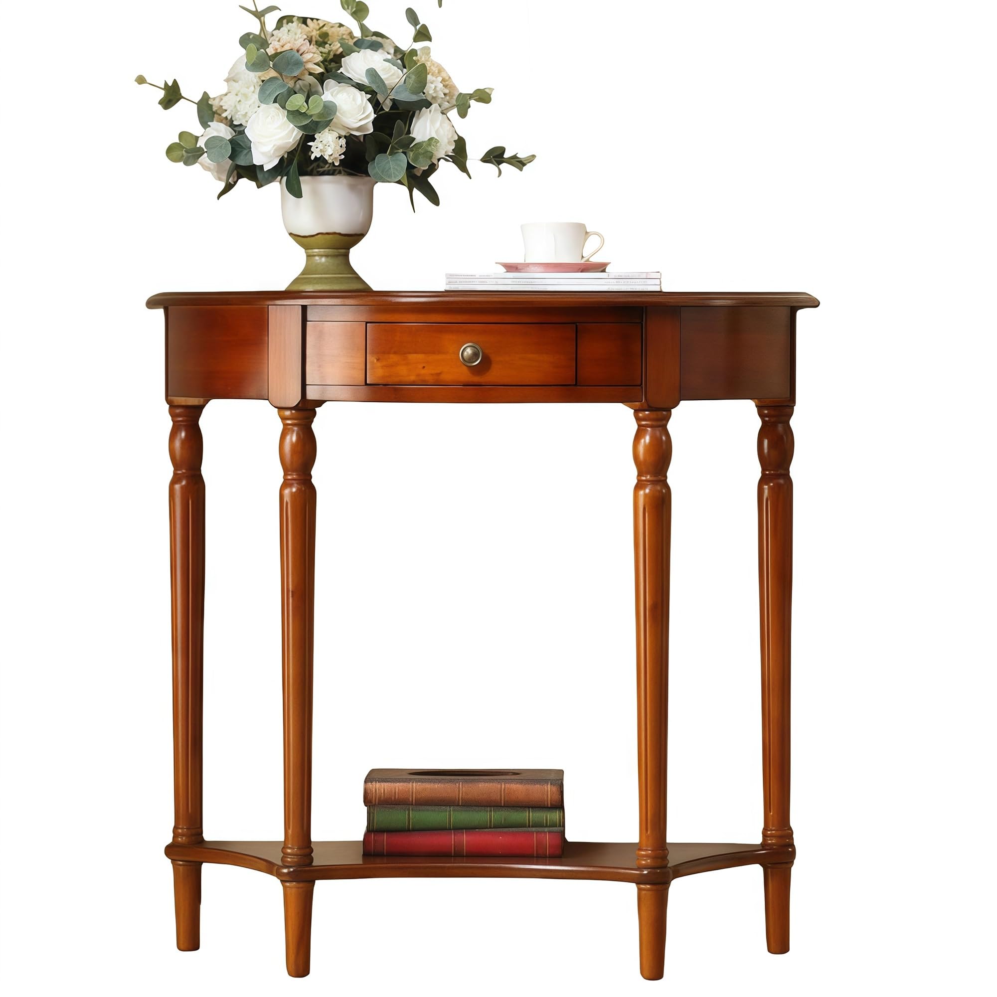 Mesa de sofá estrecha con diseño de media luna y estructura de madera de fácil montaje