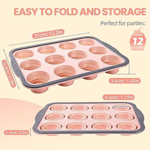 Miniatura 2 de Molde de silicona para magdalenas de 12 tazas para hornear, molde antiadherente prémium para magdalenas con marco reforzado de metal, moldes de