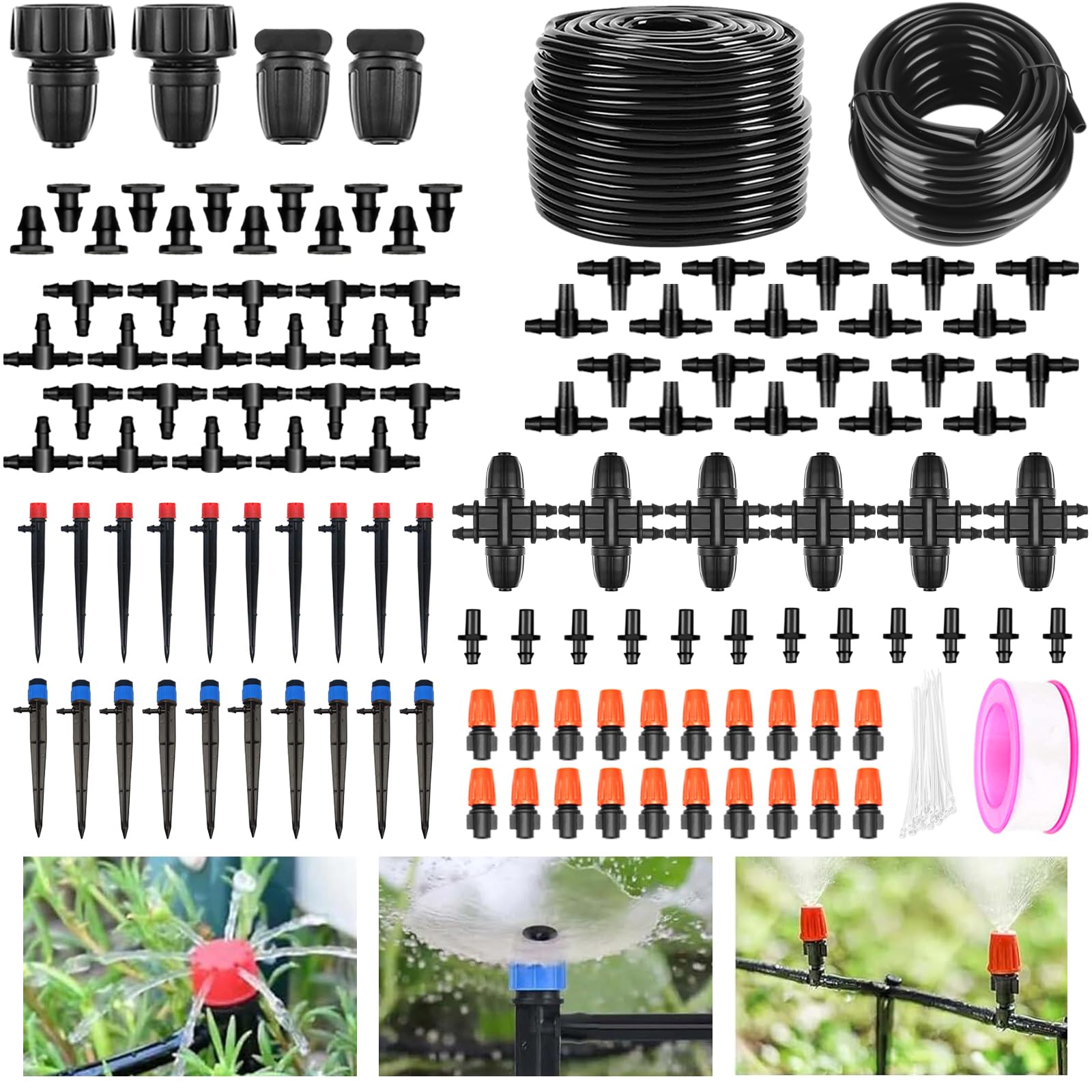 Kit de système d'irrigation de 60 m + 12 m, système d'arrosage automatique avec tube d'irrigation principal de 8/11 mm, tube de distribution de 4/7 mm et accessoires, système d'irrigation goutte à