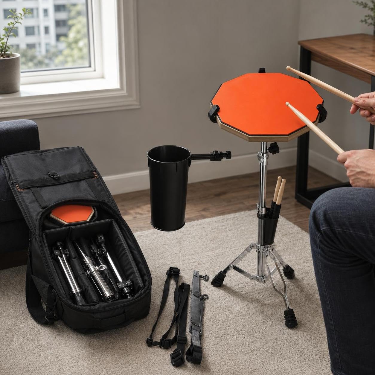 Caja Sorda para Percusión - Almohadilla Práctica Silenciosa con Baquetas y Soporte para Bateristas Principiantes - para Ensayos, Naranja