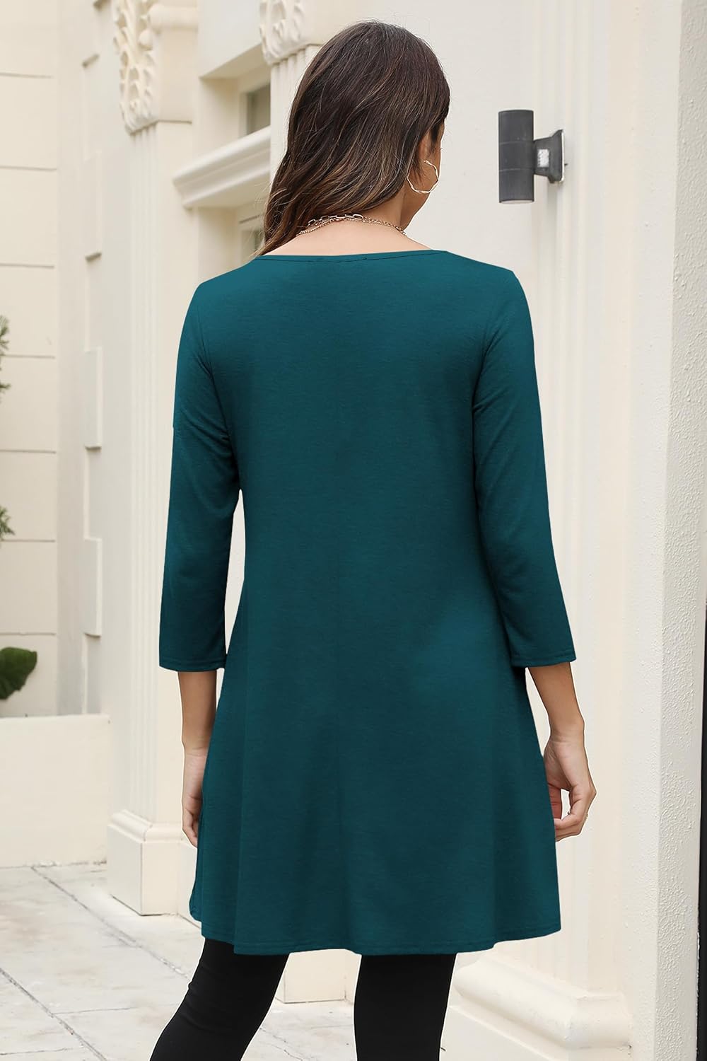 Poetsky Womens 3/4 Sleeve Tunic Tops to Wear with Leggings Layered Chiffon Hem Casual Long Shirts with Pockets