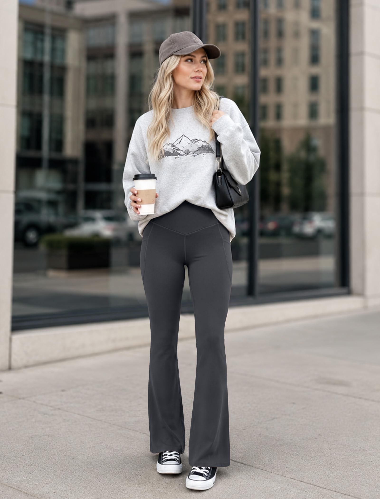 DLOODA Leggings acampanados para mujer con bolsillos, cintura alta, corte de bota, pantalones de yoga con control de abdomen, leggings acampanados