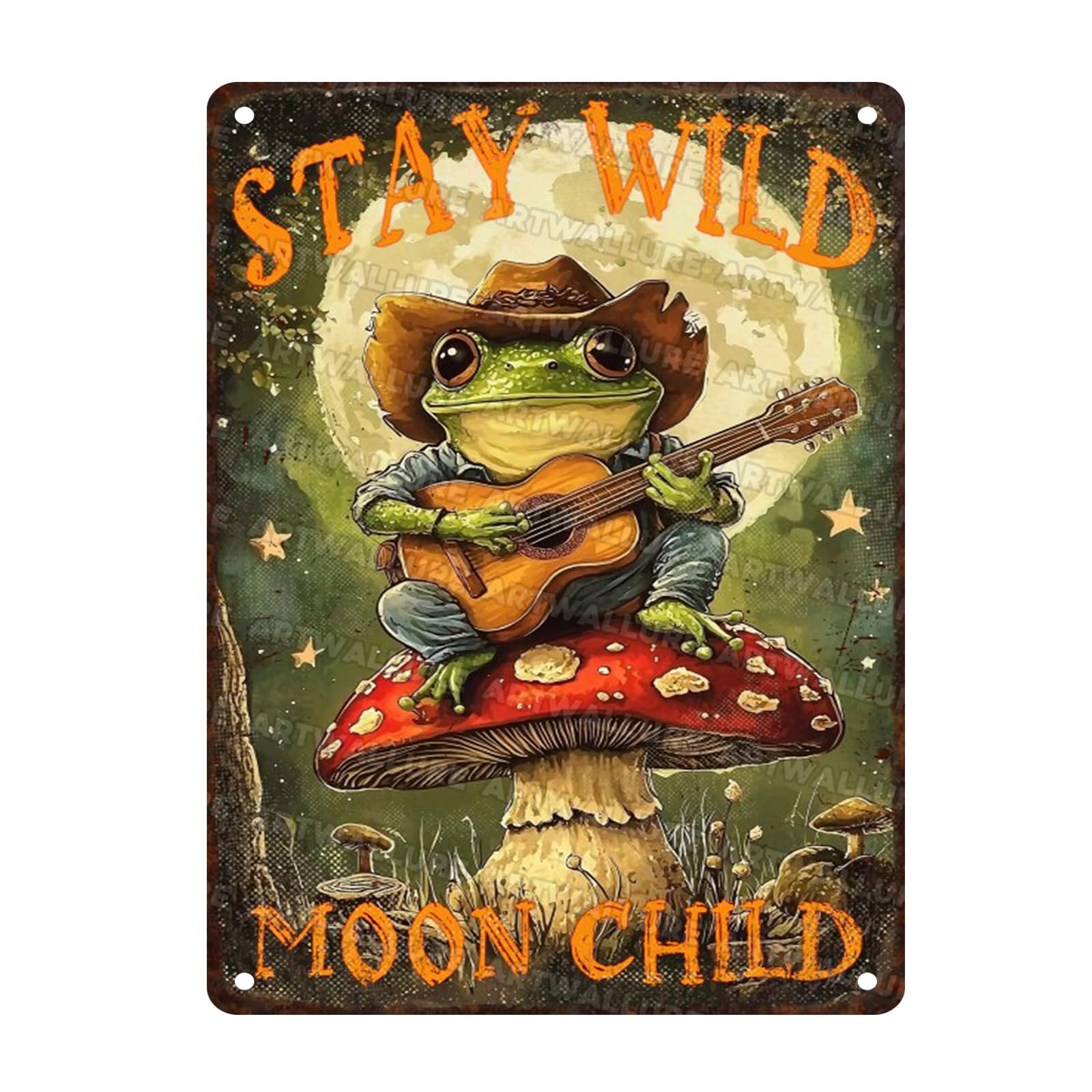 Vintage Frog Metal Tin Sign Stay Wild Moon Sign Mushroom Frog Wall Art Plaque for Home Bar Bedroom Man Cave Office 12x16inch