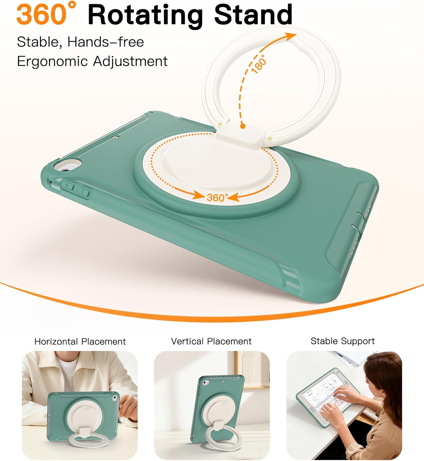 BATYUE Shockproof Case for iPad mini 4/5 (2015/2019) - 360° Multi-Angle Stand (Portrait & Landscape) & Grip, Pencil Holder (Elastic Loop), Multi-Scene for All Ages, Jade Green - Image 5