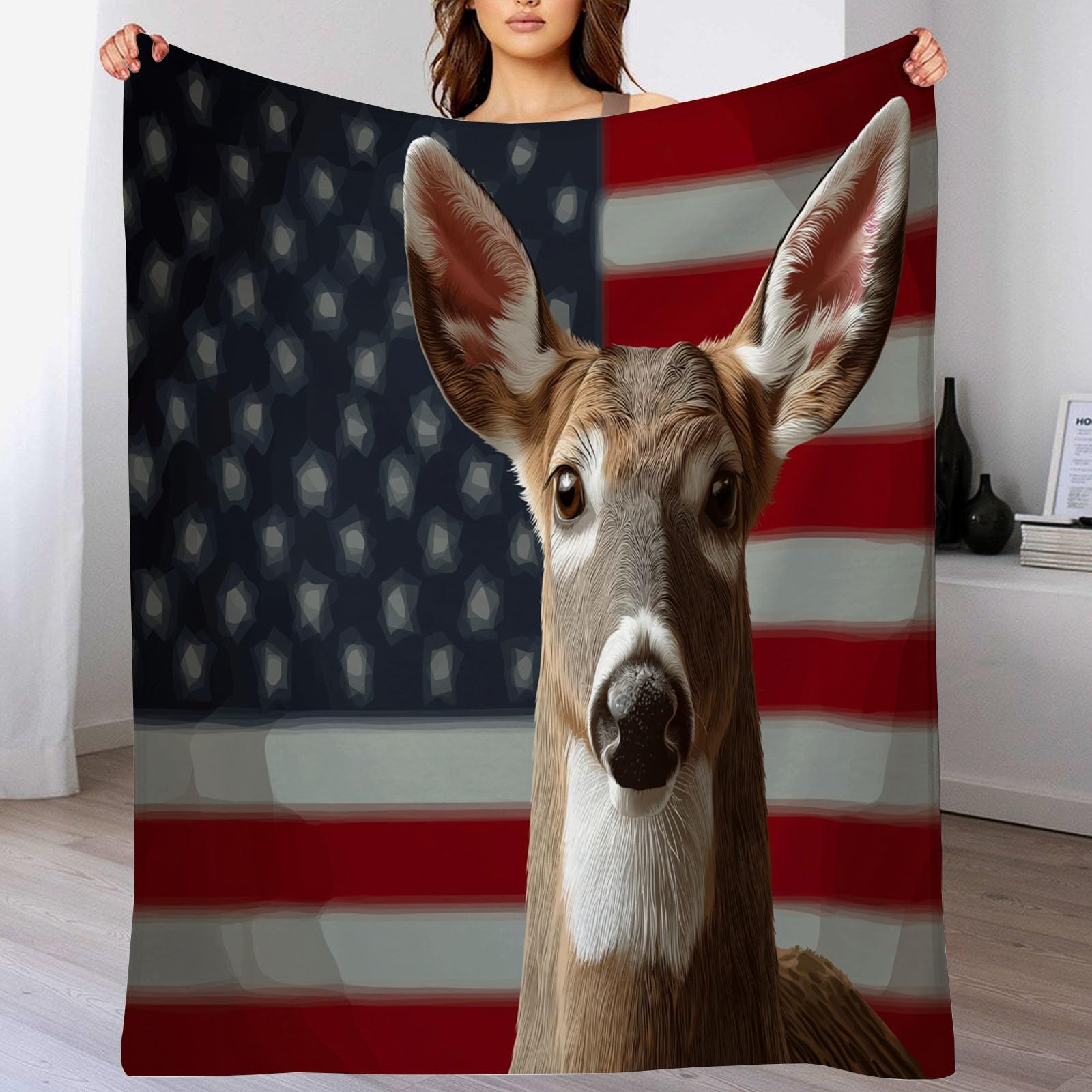 Couverture en flanelle cerf de Virginie 150x200cm plaid polaire chaud drapeau américain