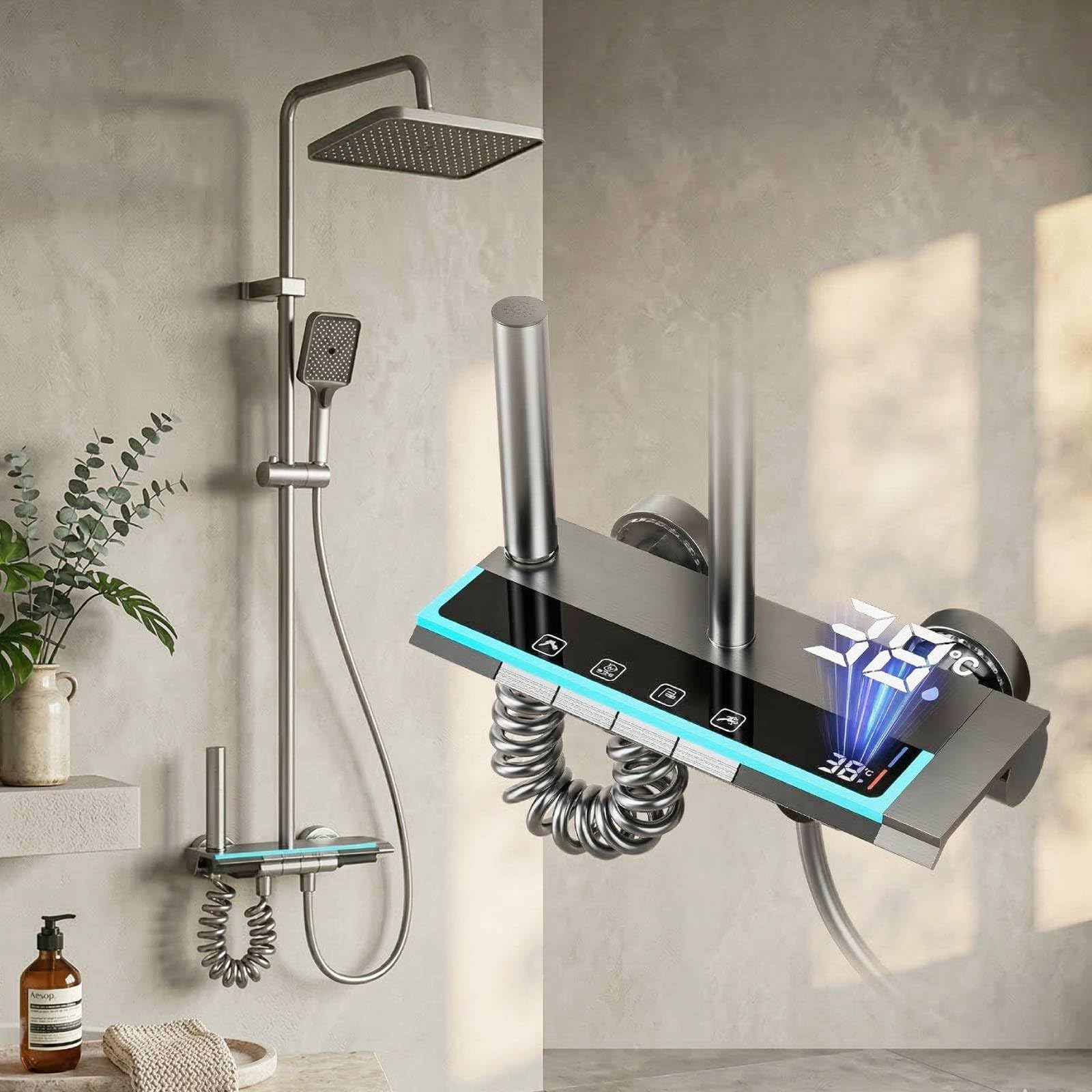 Bostar Duschsystem mit Armatur, Regendusche Duscharmatur Komplettset mit Eckig Duschkopf Handbrause 70-103 cm Höhenverstellbar Space Aluminium Material, Grau Titan