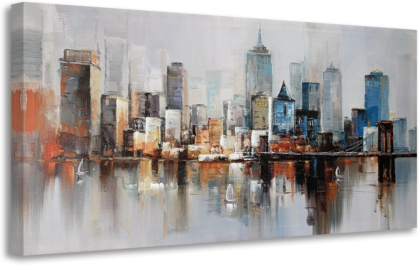 Canvas Wall Art Prints Modern Abstract Cityscape Brooklyn Bridge Painting Stretched and Framed Modern Colorful New York Skyline Buildings Picture for Home Office Decor 40"x20", Original Design