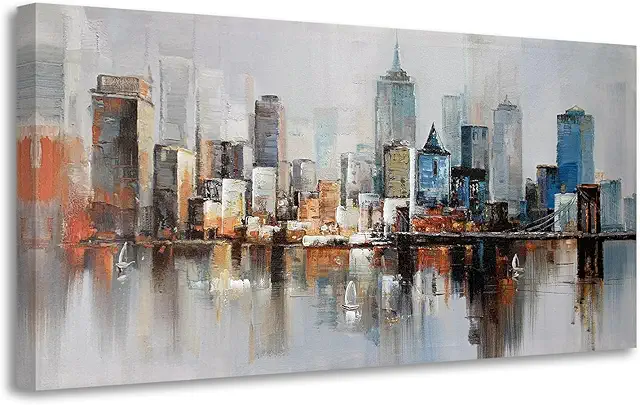 Brooklyn Bridge Canvas Wall Art - Modern NYC Abstract Cityscape Painting 40x20 Framed