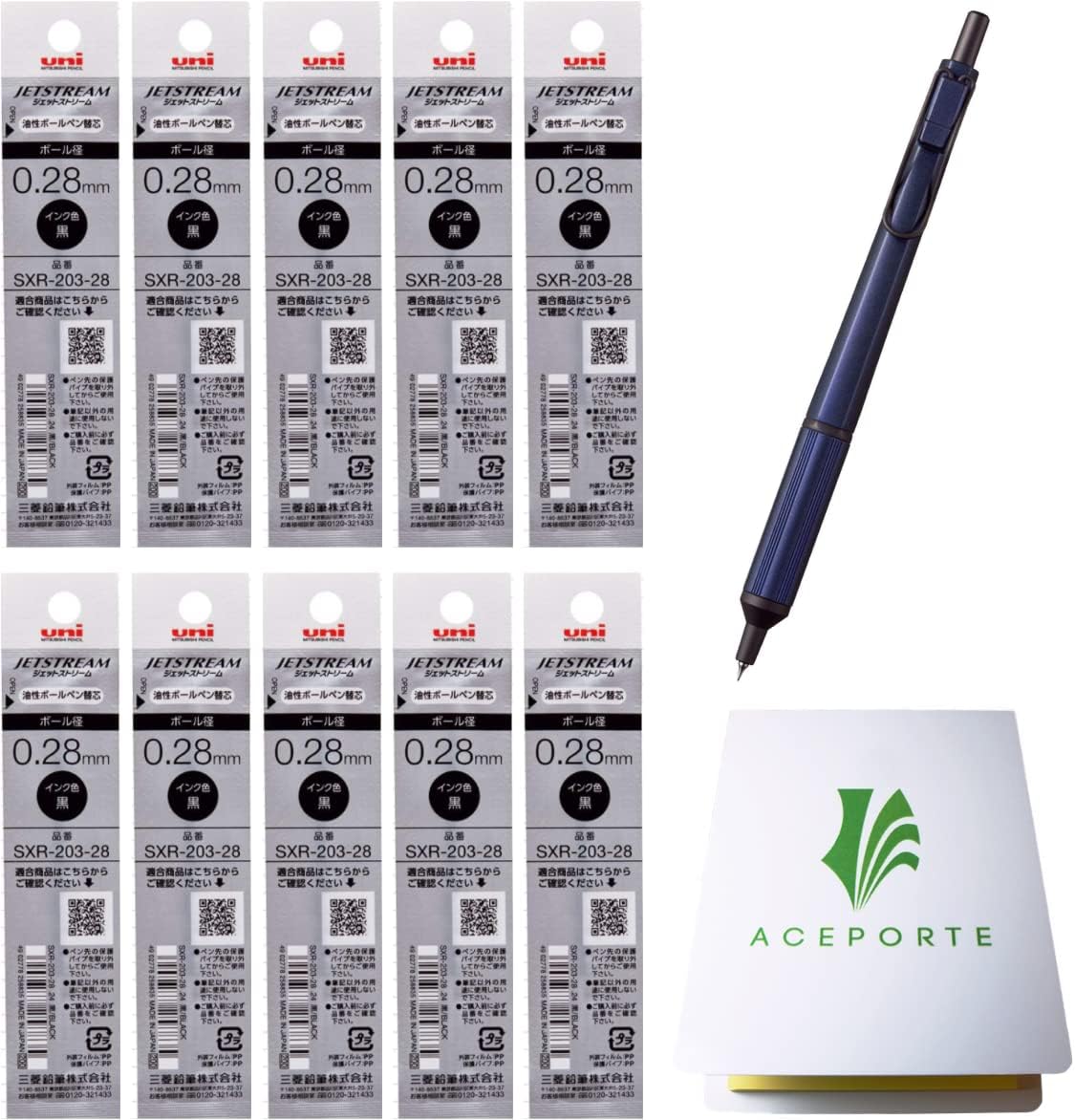 ACEPORTE Uni Jetstream EDGE 0.28mm Oil-based Ballpoint Pen Navy Body + 10 Black Refills, Sticky Notes Value Set