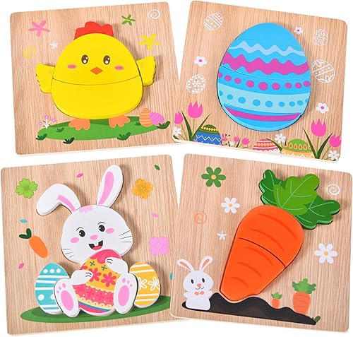 4 Pack Easter Wooden Puzzles for Kids Boys Girls Toddlers Jigsaw Puzzles Toys for Easter Basket Stuffers Party Favor