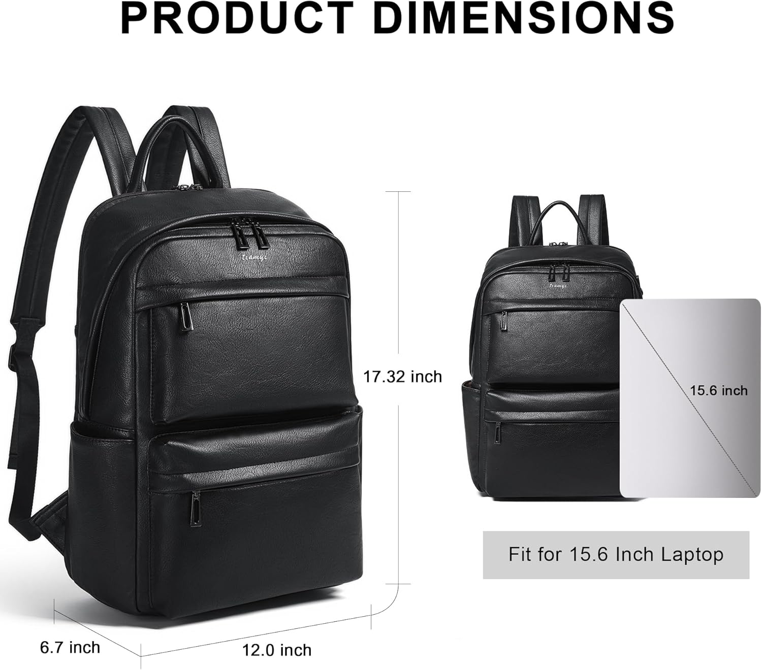 Vegan Leather Backpack for Women and Men, Fits 15.6 Inch Laptop, Multi-Pocket Design with Water Bottle and Luggage Strap, Ideal for Work, Travel, and Daily Use, Black