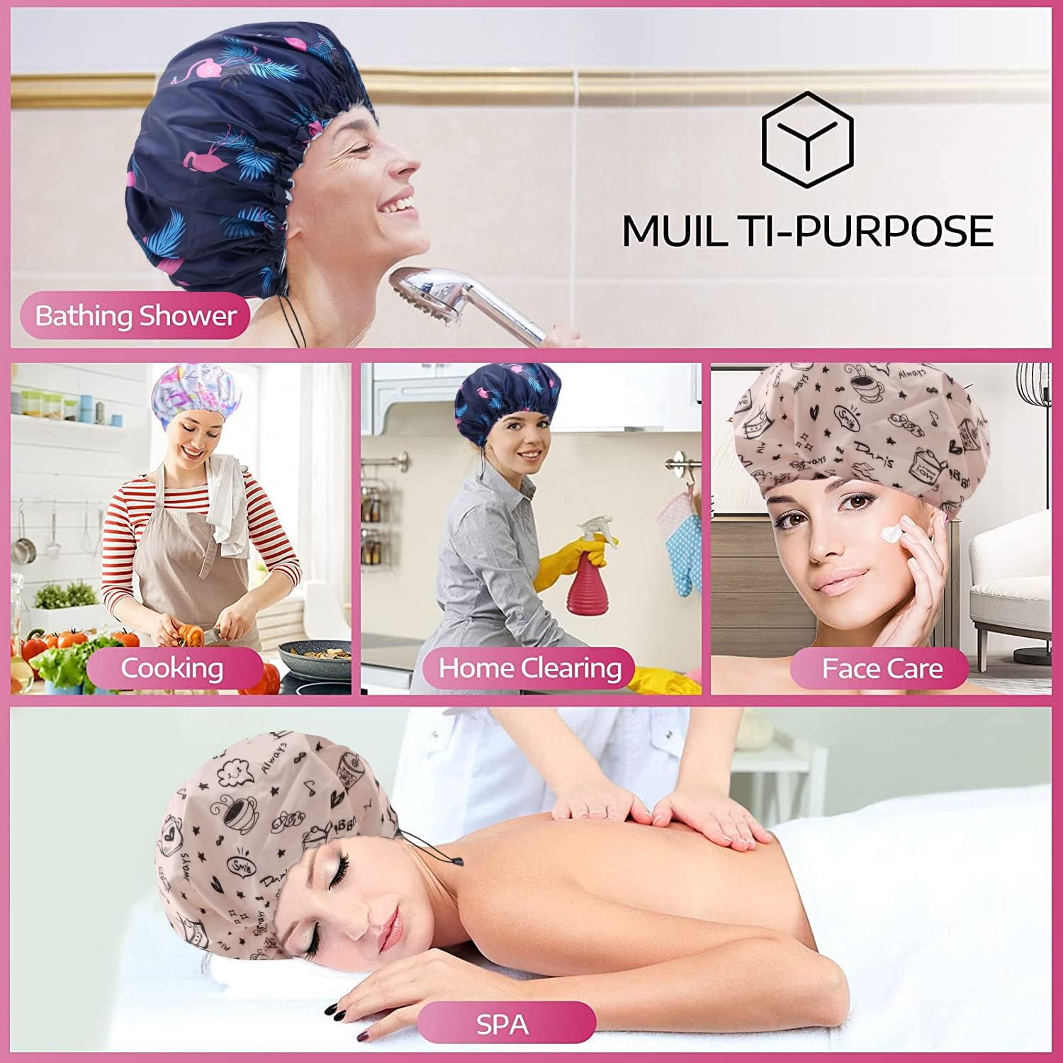 3 Packs Shower Cap, Extra Large & Adjustable & Double Layer Waterproof