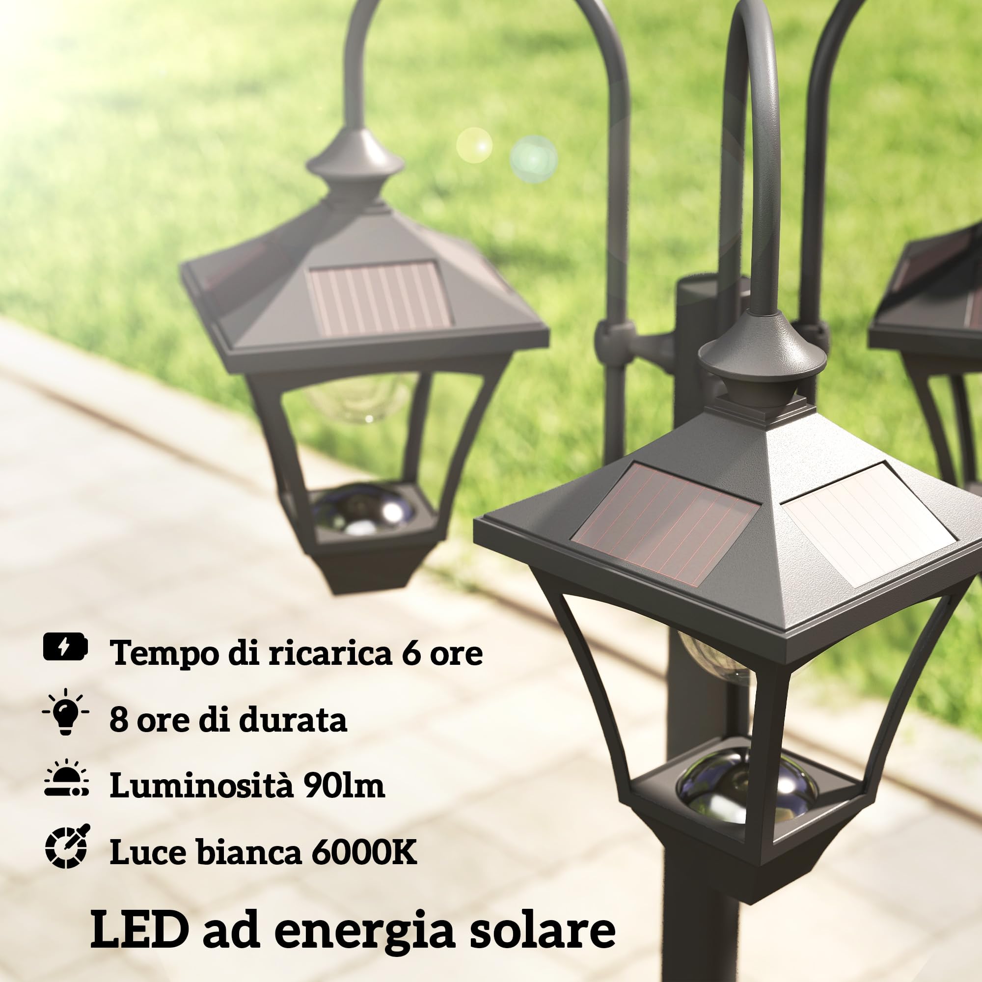 Outsunny Lampione da Giardino Solare a 3 Teste 1.85 m Altezza Regolabile | Lampada da Giardino in Acciaio Inox, Accensione/Spegnimento Automatico, Impermeabile, per Esterno Patio Cortile