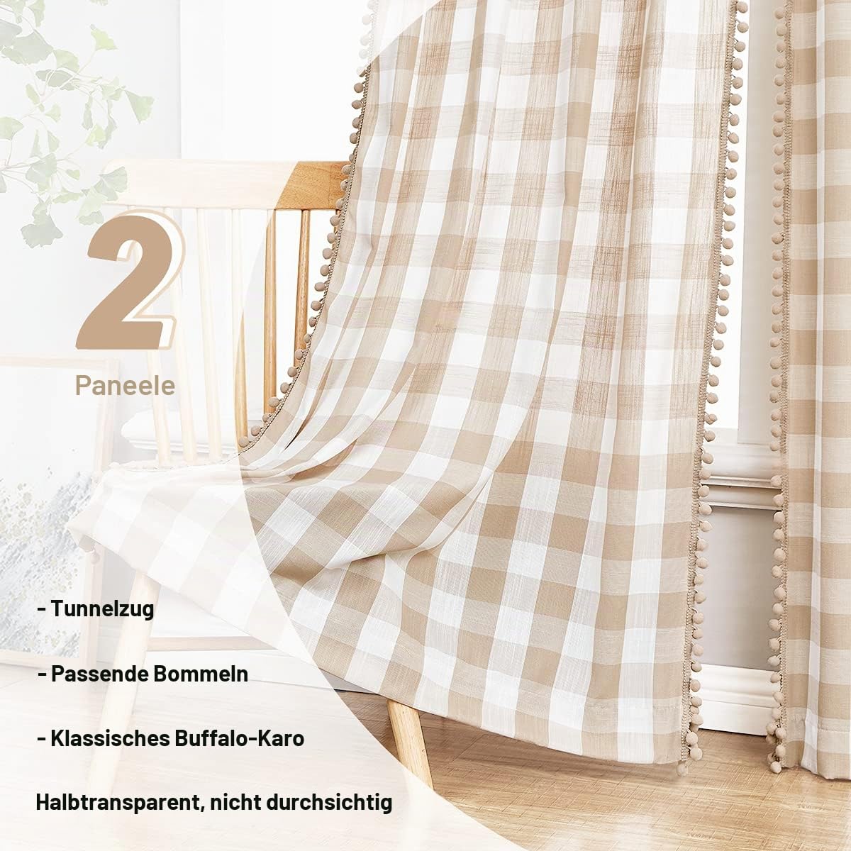 Treatmentex Hellbraune Buffalo Plaid Vorhänge Pom Fenster für Wohnzimmer Schlafzimmer rustikales Bauernhaus Gingham Karomuster halbtransparente Fenstervorhänge, Taupe Weiß Rod Pocket 2 Stück