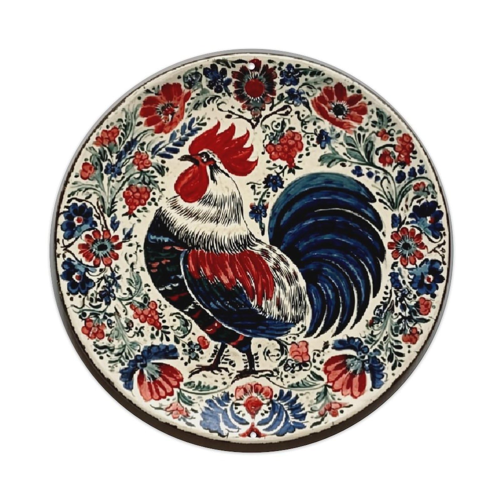 Rooster Floral Folk Art Pattern Vintage Metal Tin Sign Retro Wall Decor for Home Bar Garage Cafe, Indoor & Outdoor Decorative，circle Metal Poster, 8x8 Inch