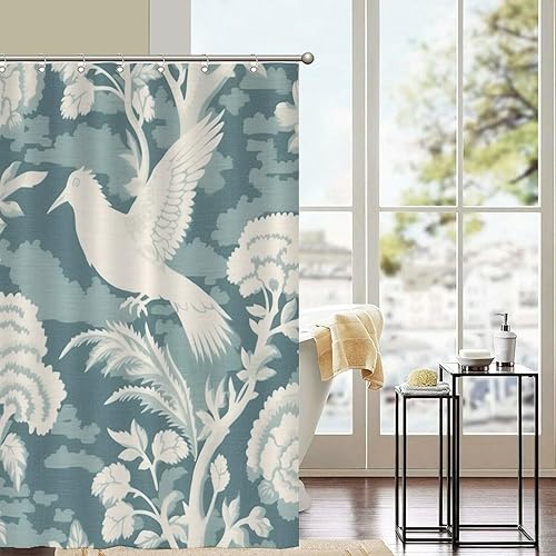 Miniatura 593 de Cortinas de ducha de baño con ganchos, 72 x 92 pulgadas, cortina de ducha de tela impermeable con diseño de flores y pájaros, cortina de ducha