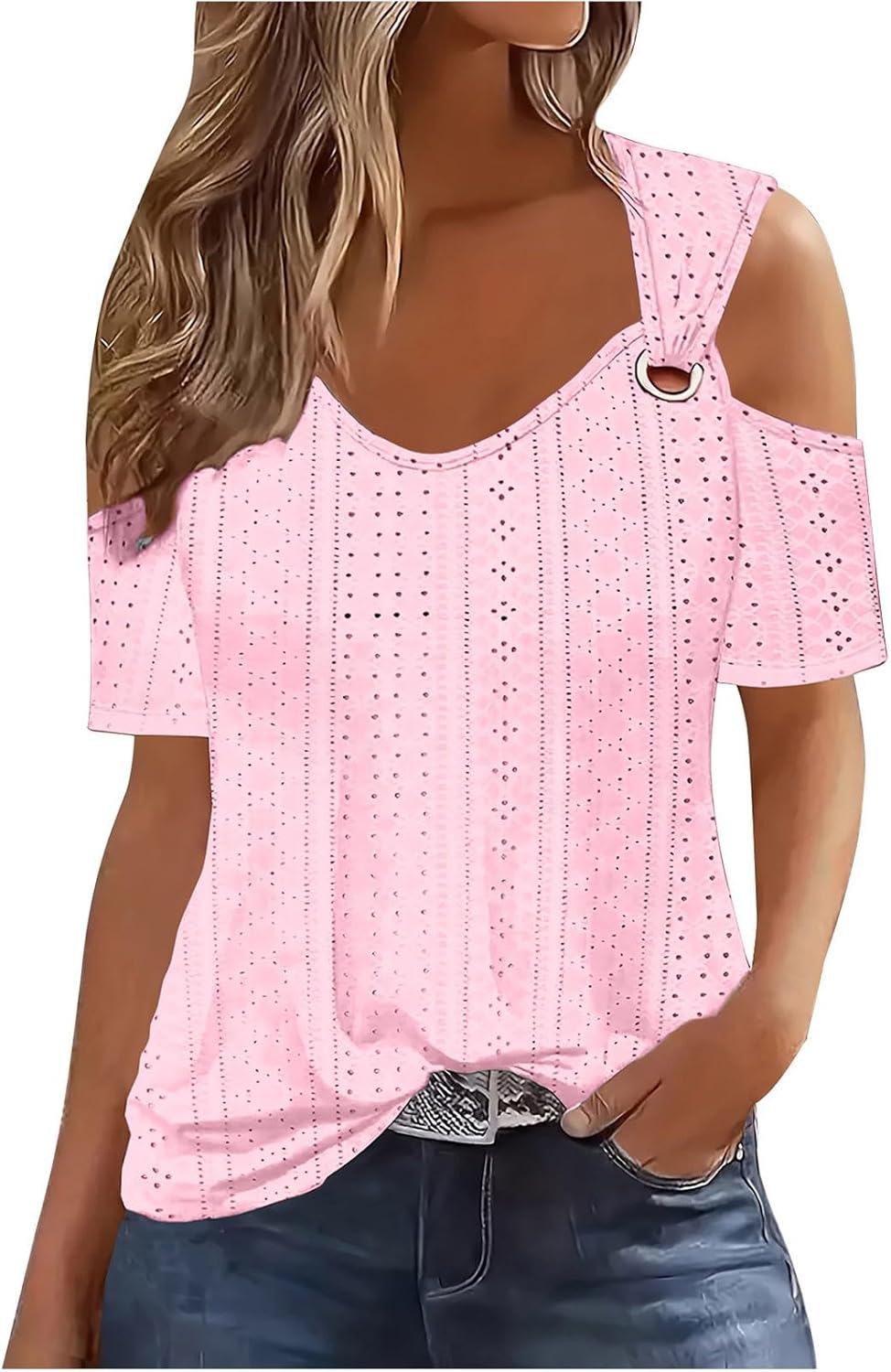 Camicette e camicie Top primavera-estate da donna 2024 T-shirt a maniche corte con spalla fredda Anello solido Camicie casual con top vuoto Camicie basic T-shirt Abbigliamento per