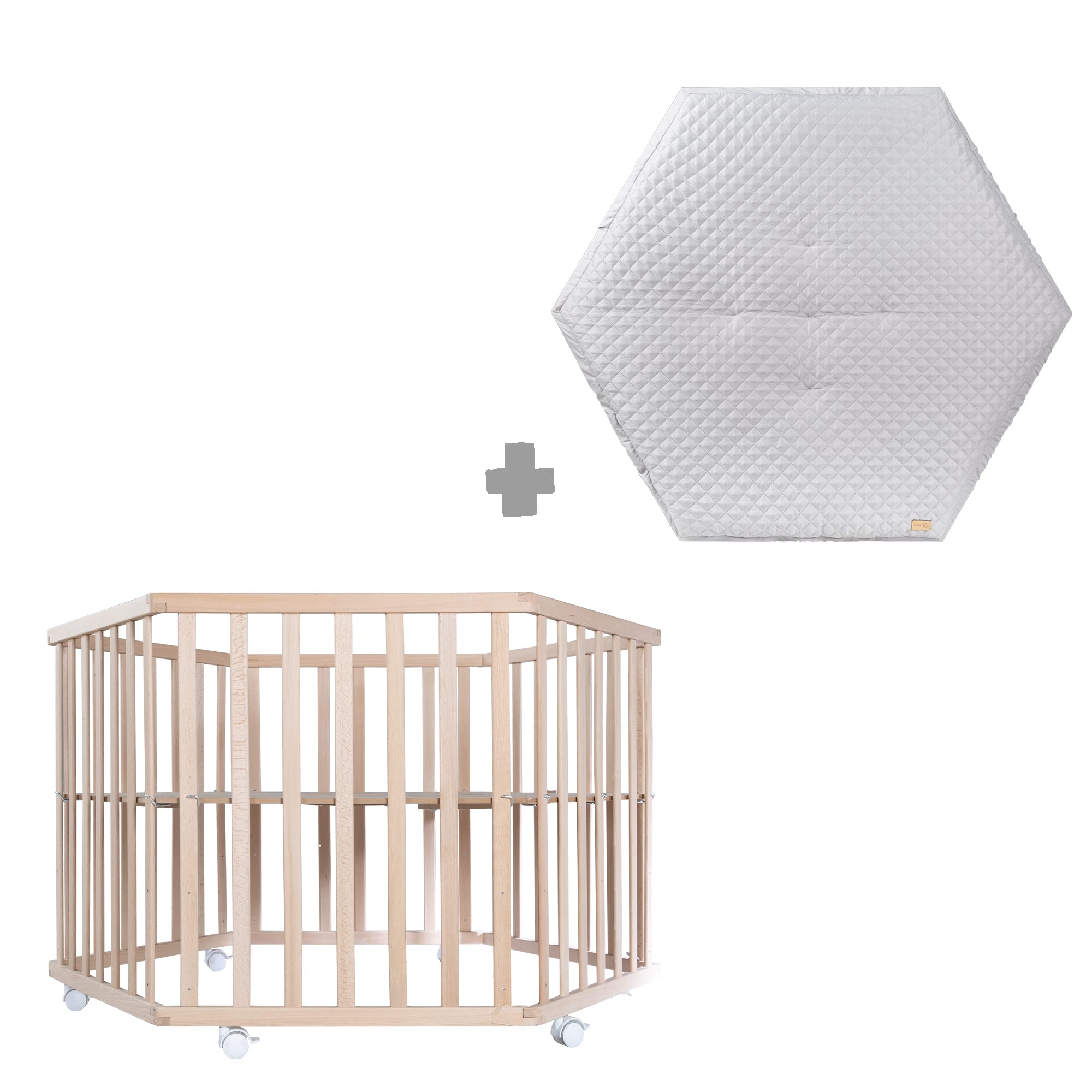 roba Parc Bébé Hexagonal en Bois Massif Bio Cosplay + Tapis de Parc roba Style Gris - Hauteur Ajustable sur 3 Niveaux - Roulettes avec Freins - Finition Naturelle