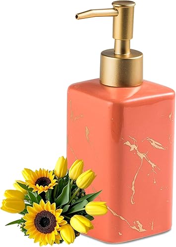 Miniatura 12 de Dispensador de jabón dorado para encimera de baño, botella dispensadora de jabón cuadrado blanco con rayas doradas para fregadero de cocina, loción