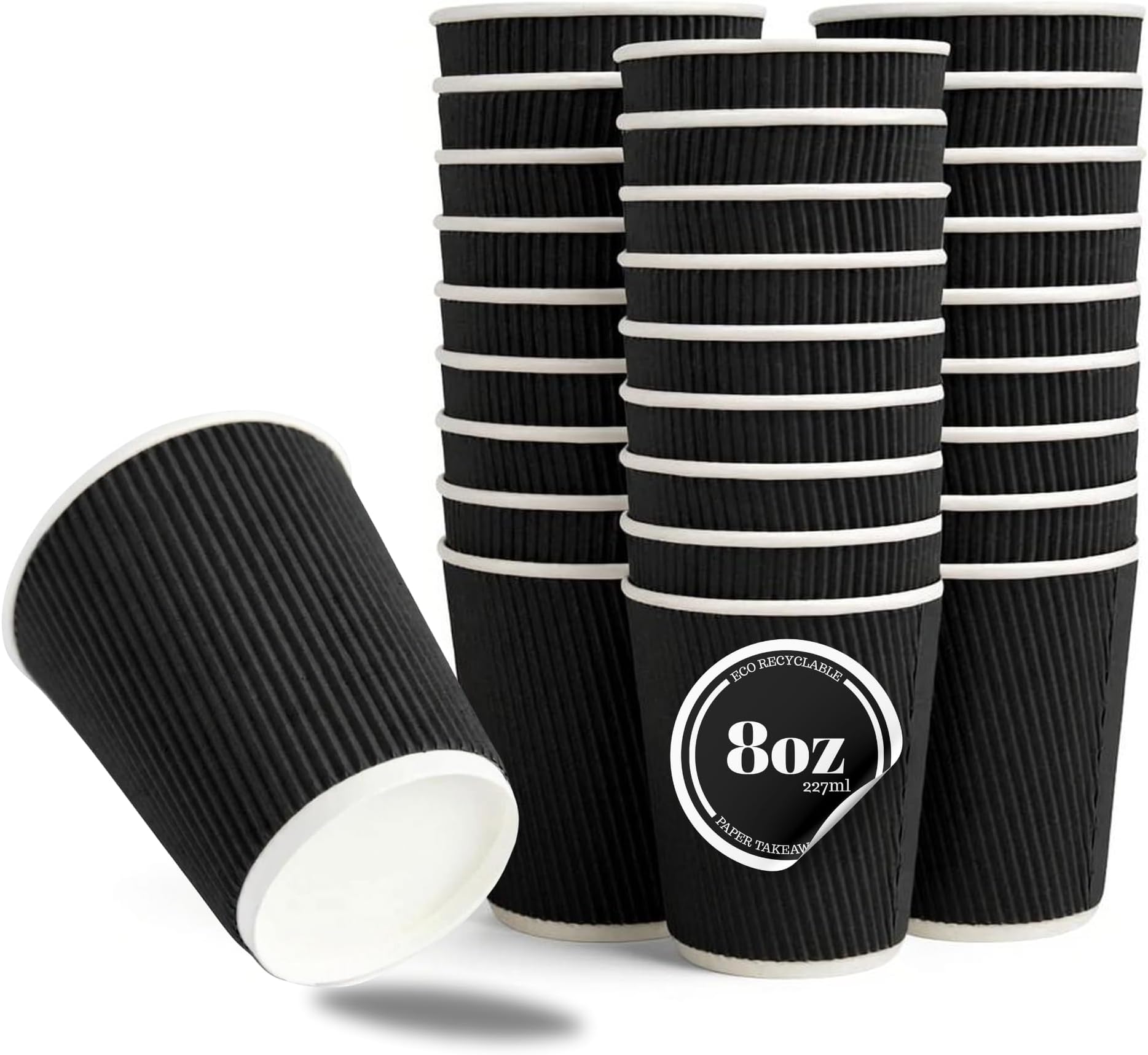 8oz Black Ripple Wall Coffee Cups - 100 Pack Triple Insulated Cups for Hot Drinks, Tea - Recyclable, Black Paper Cups for Cafes, Takeaway, Office, Events - 8oz / 237ml - 50 Pack