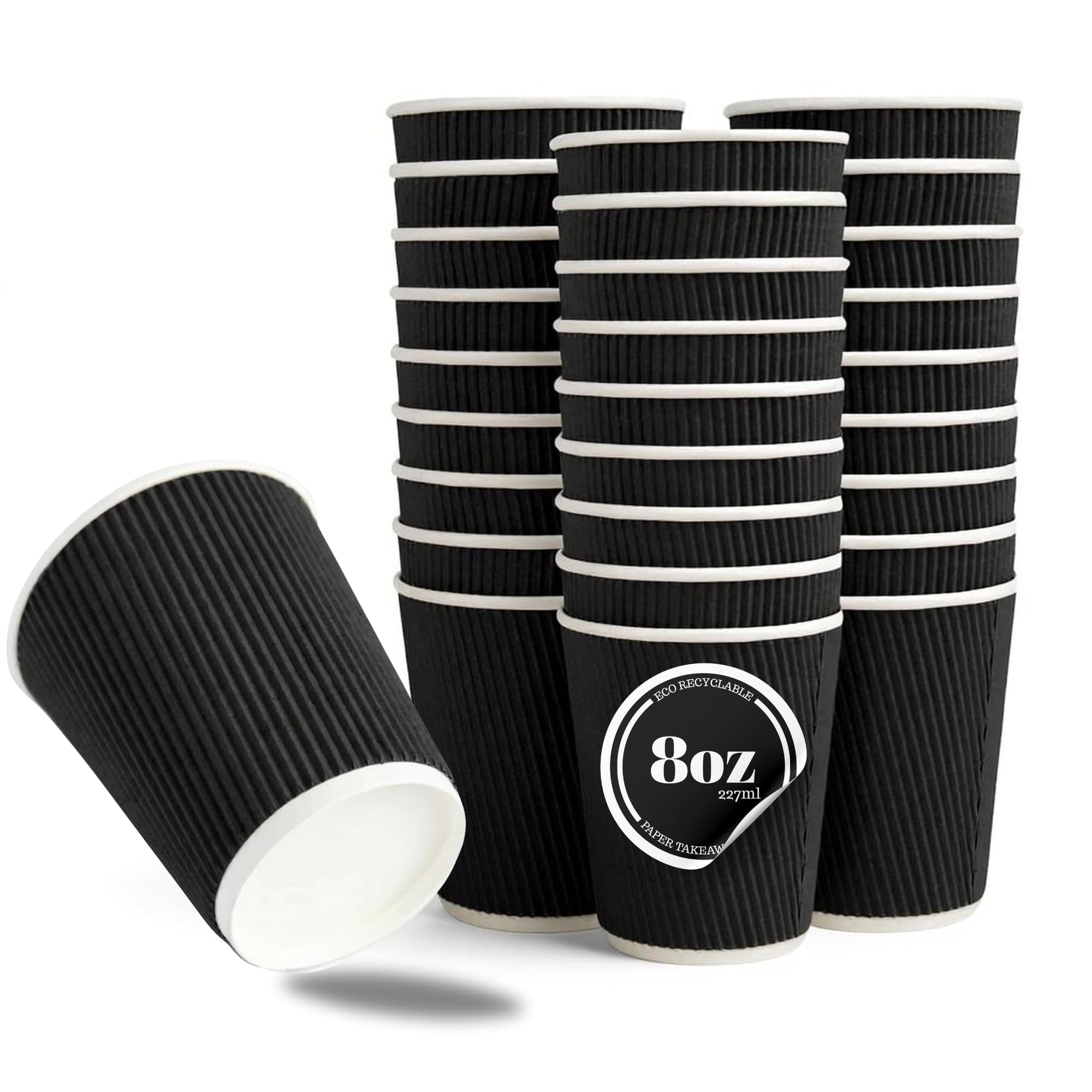 CaterCo 8oz Black Ripple Wall Coffee Cups - 100 Pack Triple Insulated Cups for Hot Drinks, Tea - Recyclable, Black Paper Cups for Cafes, Takeaway, Office, Events - 8oz / 237ml - 50 Pack