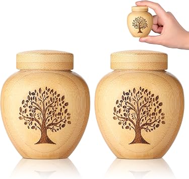 Small Urns for Human Ashes Made of Bamboo Set of 2,Mini Cremation Urns for Human or Pet Ashes,Decoration Urns Ashes Container with Tree of Life Pattern Engraved