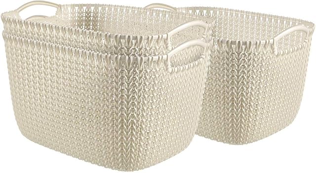 Curver | Set of 3 Knit Look Storage Bins, White, Oasis, 39 x 28.5 x 32.5 cm, Plastic