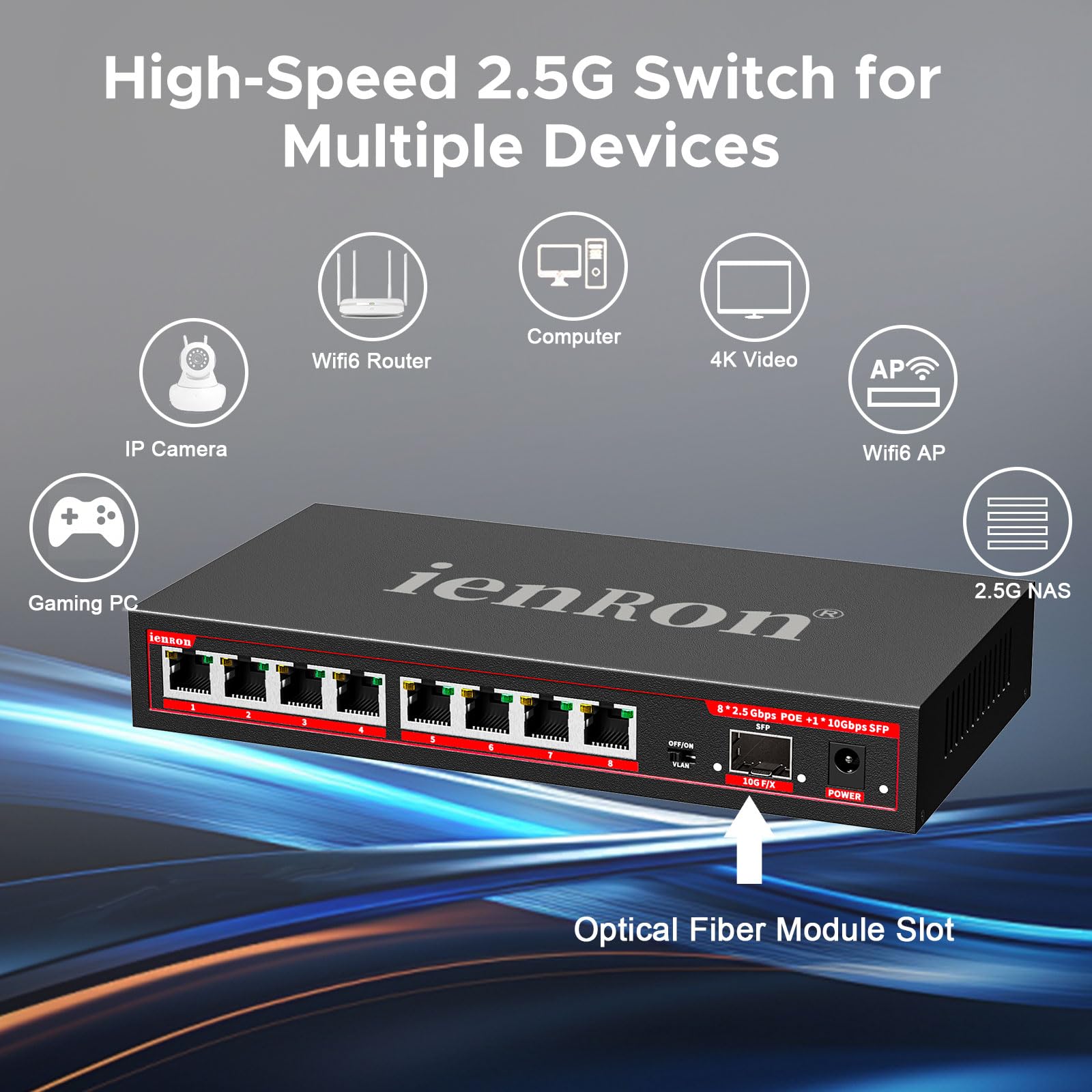 Switch PoE a 8 porte da 2,5 GB con Uplink SFP+ da 10 Gb | 15 W per porta, budget totale 120 W, IEEE802.3af | Supporto VLAN | Alloggiamento in metallo senza ventole | Plug & Play | Montabile a parete |