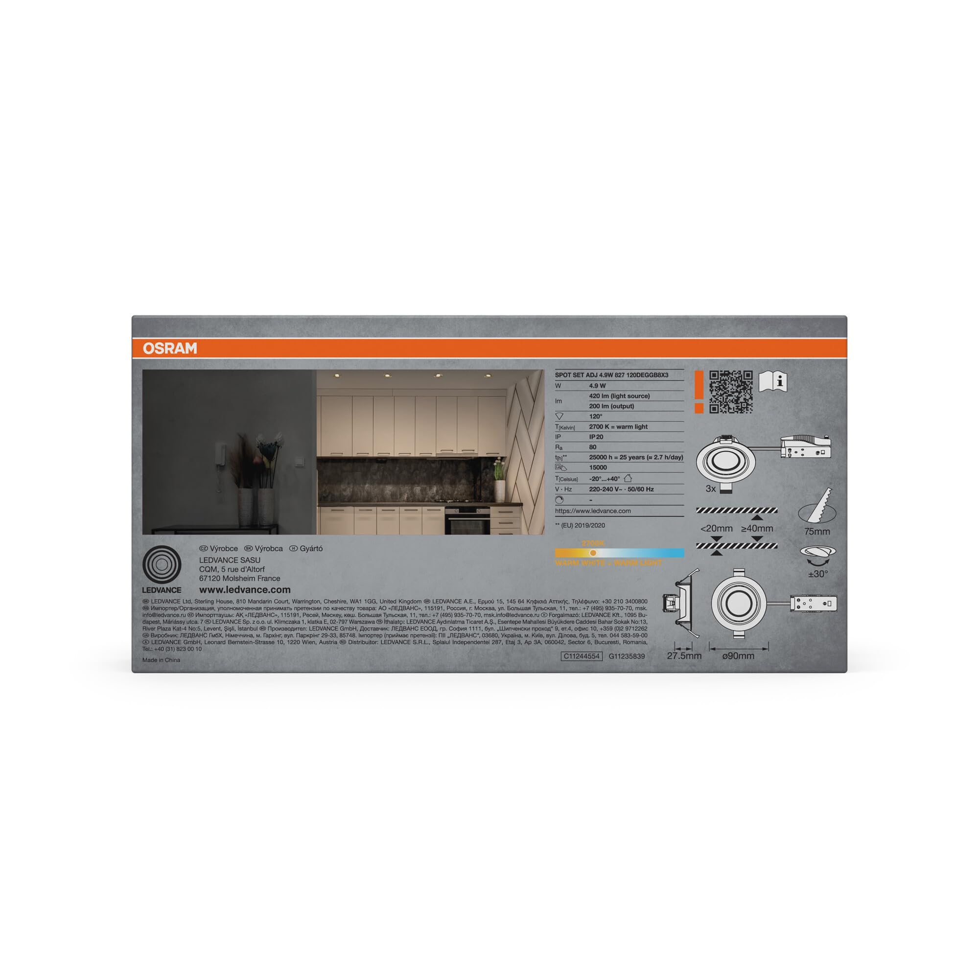 OSRAM Faretto da incasso a LED Spot Set, 4,9 W, 2700 K, faretto da soffitto 120°, ottone, orientabile, alluminio/plastica, set da 3