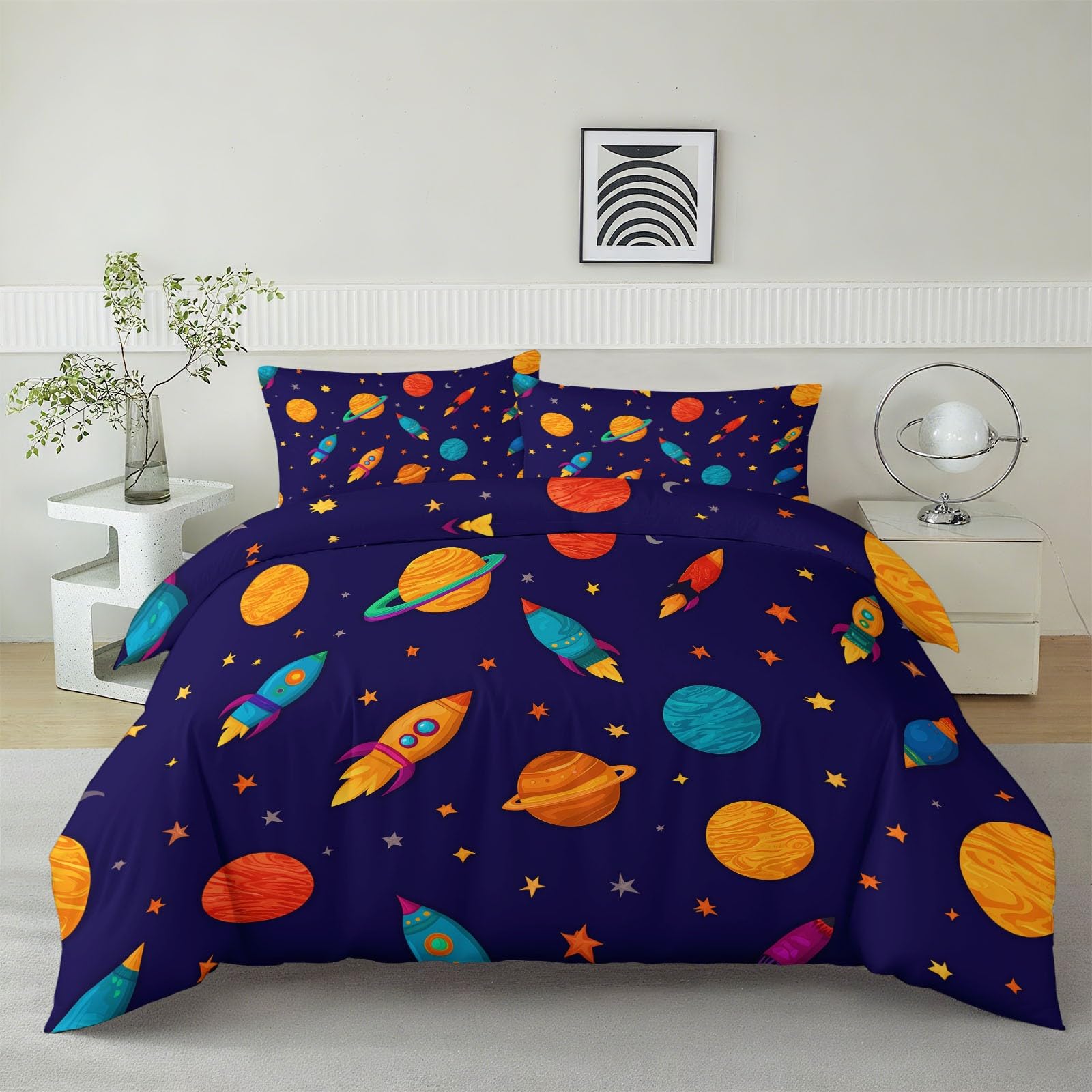 Poszwa na kołdrę z nadrukiem w stylu kreskówkowym 200 x 200 cm, zestaw pościeli z motywem gwiazdy wszechświata rakieta poszewka na kołdrę dla dzieci chłopców dziewcząt nastolatek - komplet pościeli z