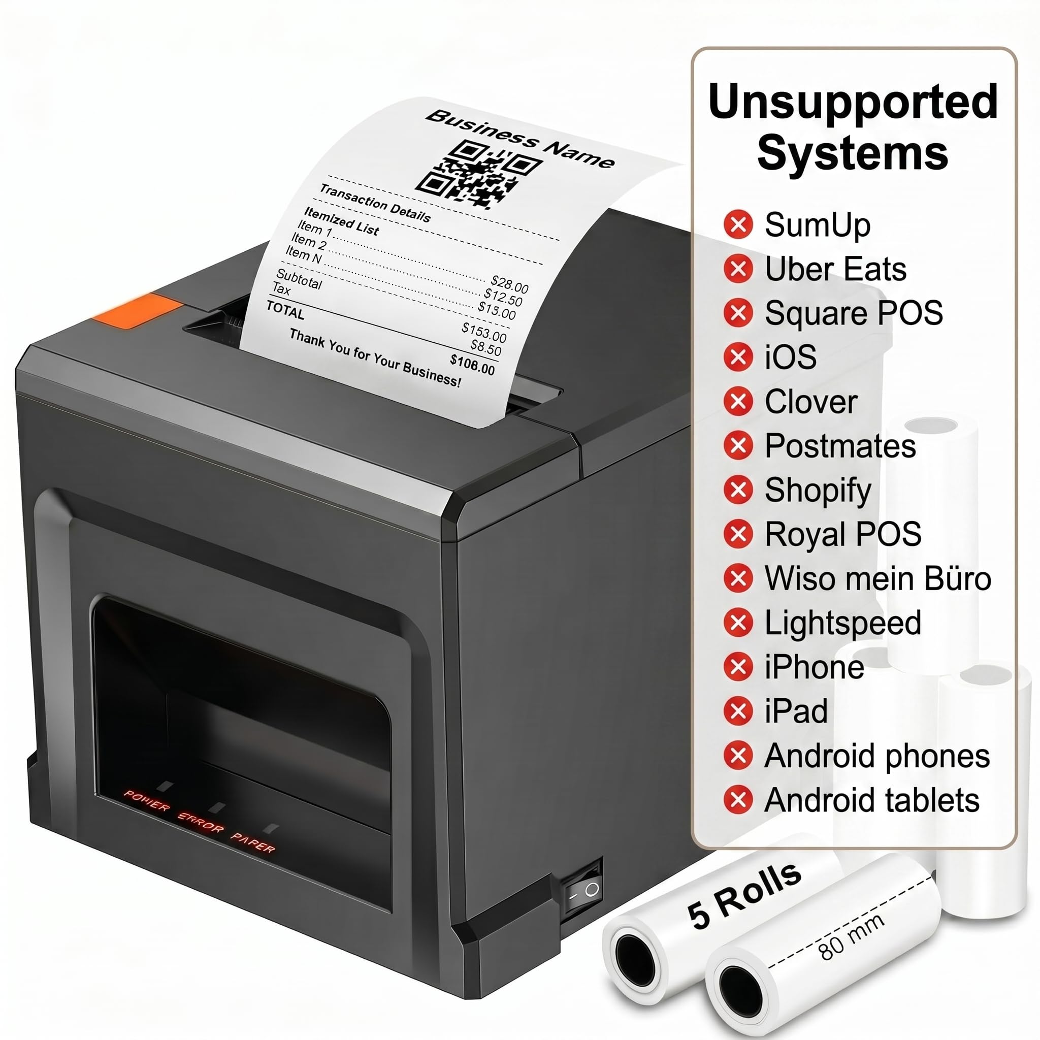 80 mm drukarka paragonów, Bluetooth Pos z automatycznym obcinaczem, 300 Mm/S USB drukarka termiczna restauracja kuchenna, papier 5-rolkowy, pomarańczowy czarny