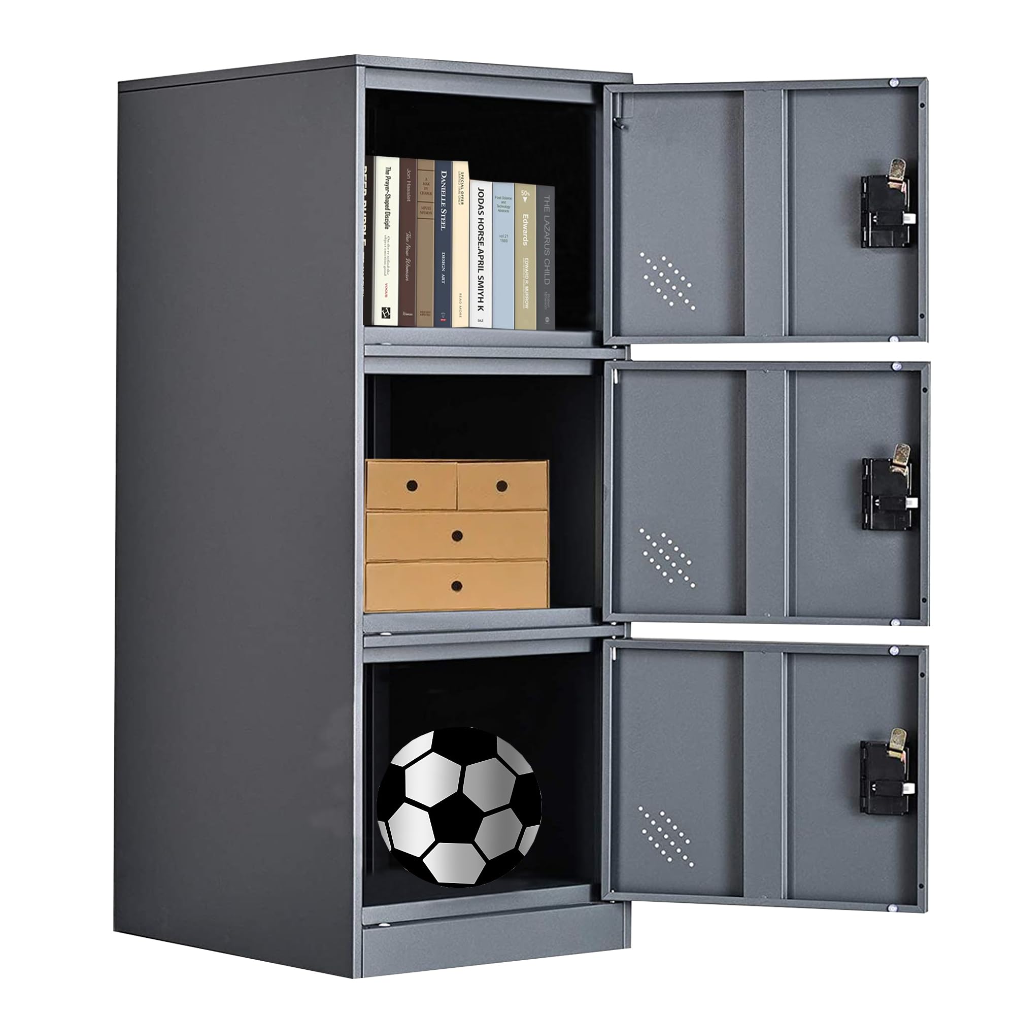 MECOLOR Vertical Storage Cabinet Locker with Padlock Latch, Small Office Filing Cabinet with 3 Doors, Corner Storage Cabinet, Steel Storage Organizer for Livingroom, Gym (Gray, 3D)