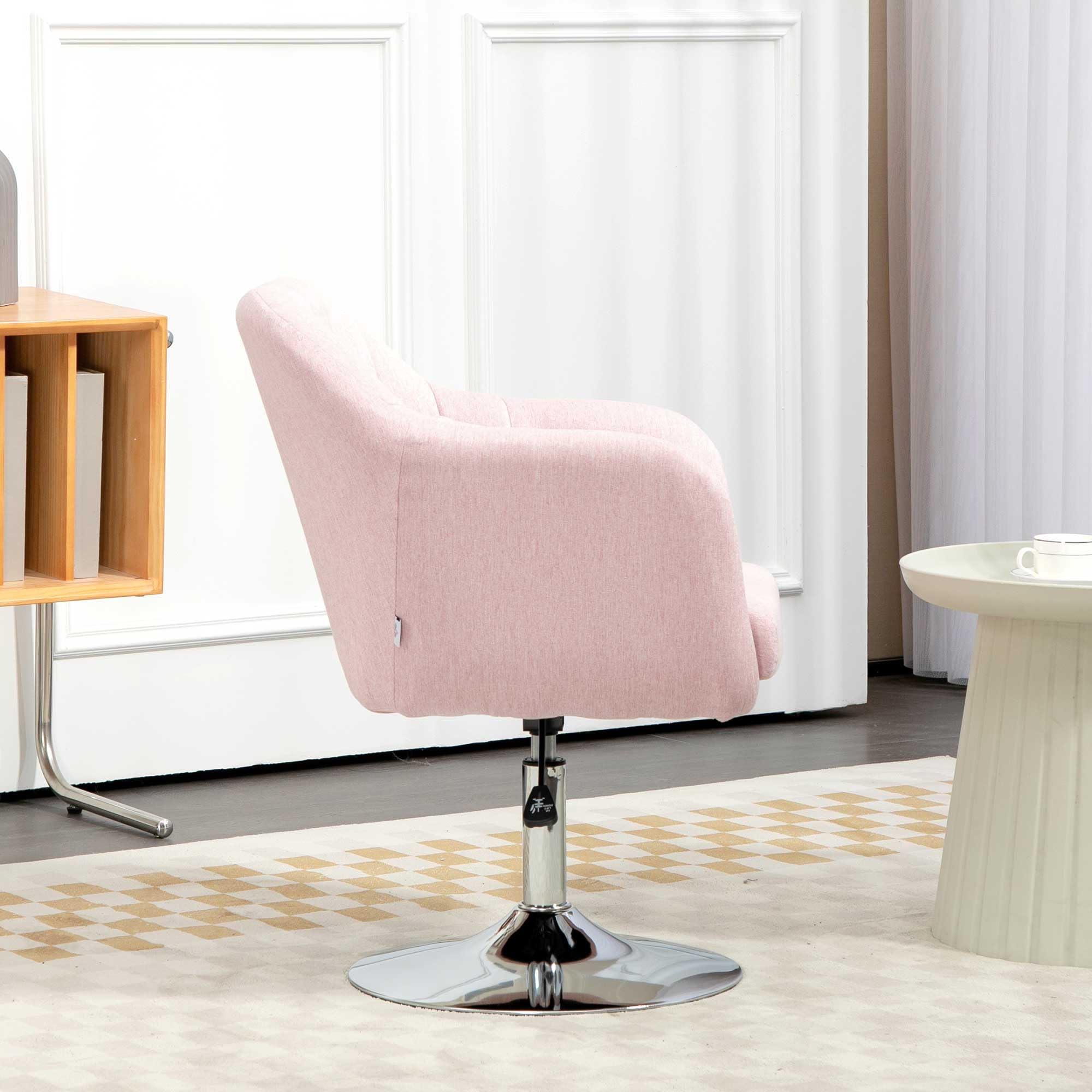 HOMCOM Sillón para salón Ajustable en Altura Lino Rosa | Sillón relax, sillón de dormitorio, 360° giratorio, cojines lumbares, base de metal cromado