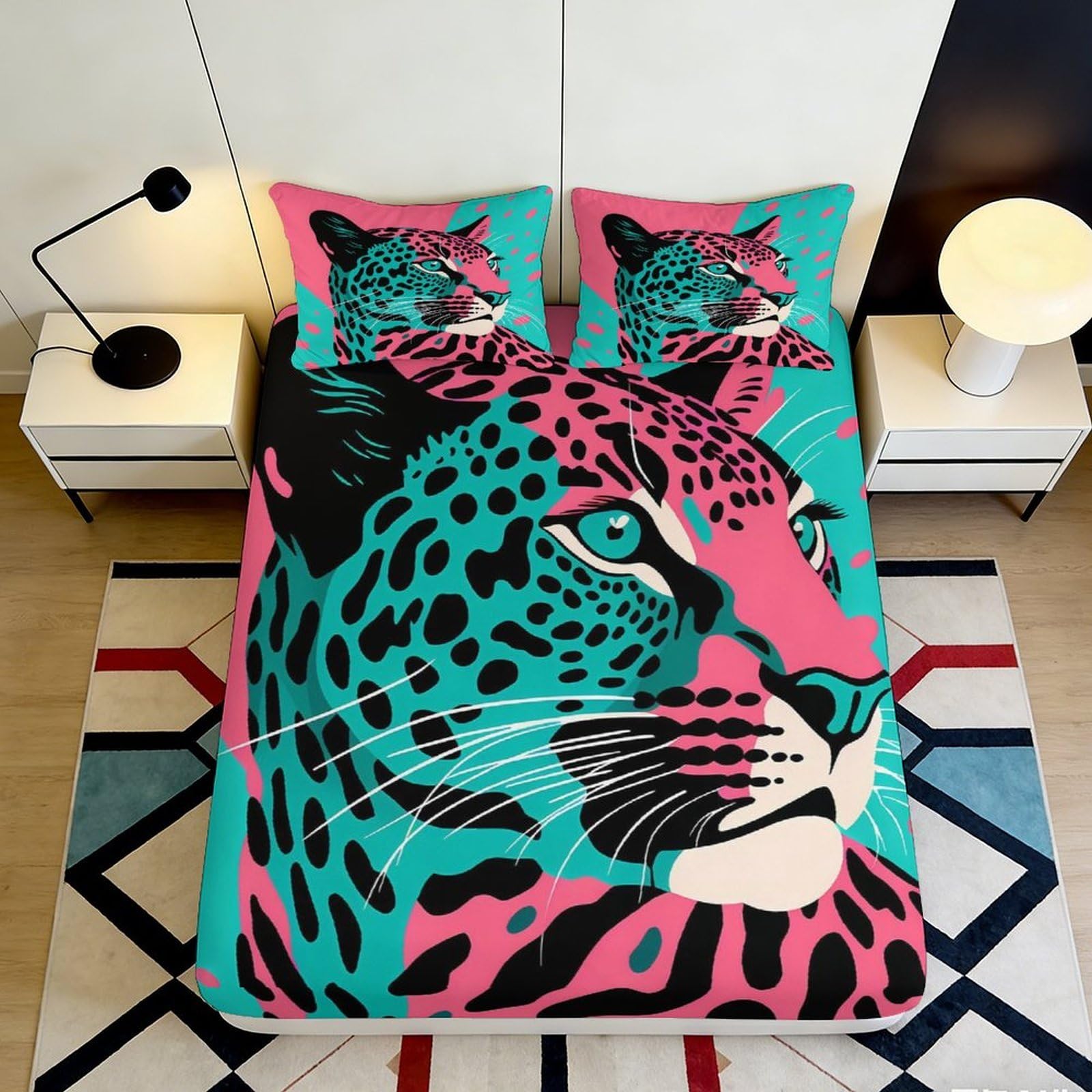 3D Printed Neon Leopard Fitted Sheet Microfiber Soft Breathable Pop Art Bed Cover for Bedroom Dormitory Guest Room Mattress Protection Decor 140x200x25cm