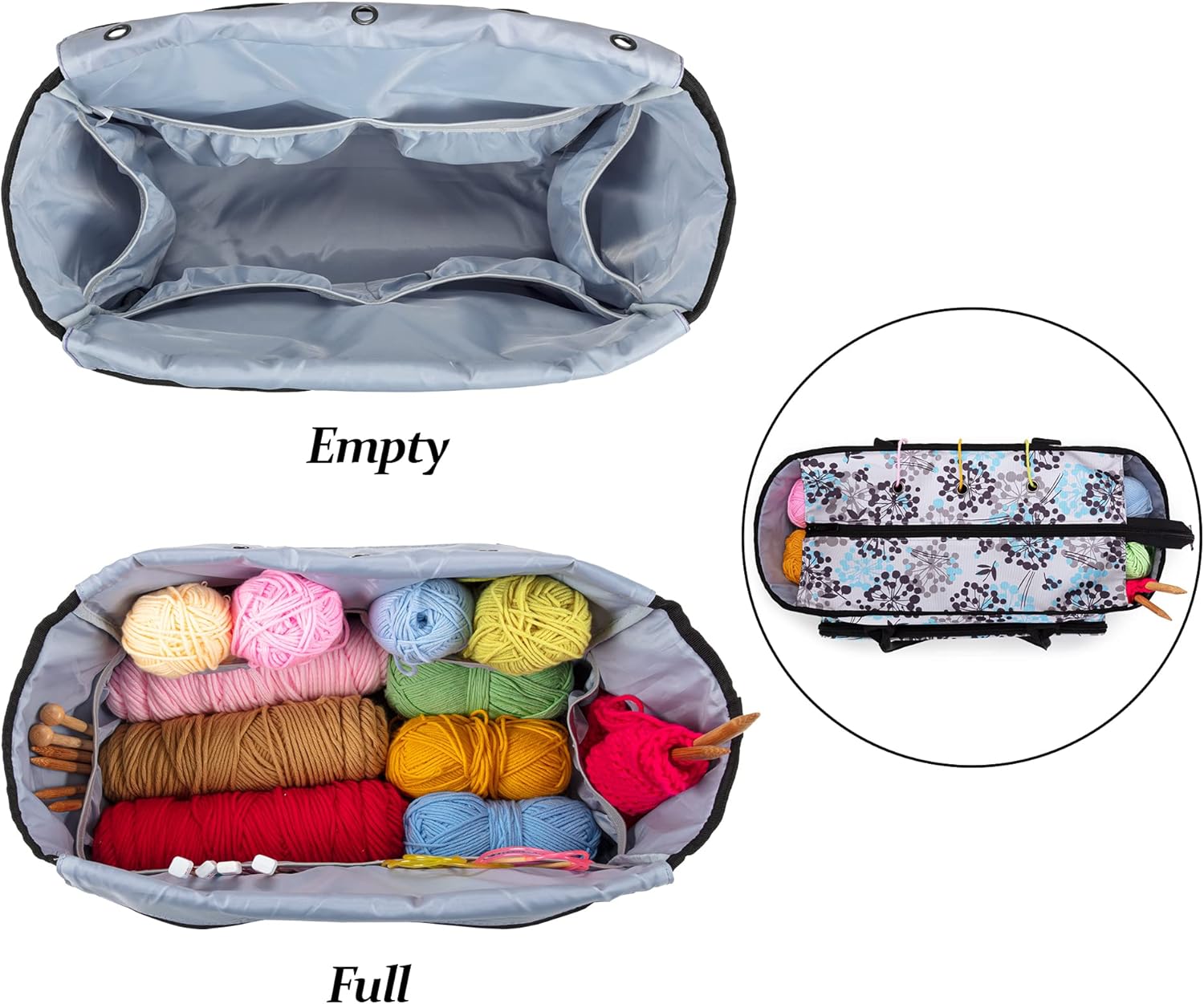 CURMIO Yarn Storage Bag, Knitting Bag for WIP Project, Crochet Hooks, Knitting Needles(up to 14"/35.5cm) and Yarn Skeins, Dandelion(Bag Only)