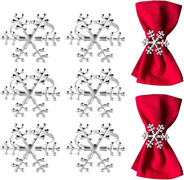 VALICLUD 6Pcs Christmas Snowflake Napkin Rings Serviette Holder Napkin Buckle Xmas Napkin Rings Wedding Xmas Holiday Party Dinning Table Decoration Silver
