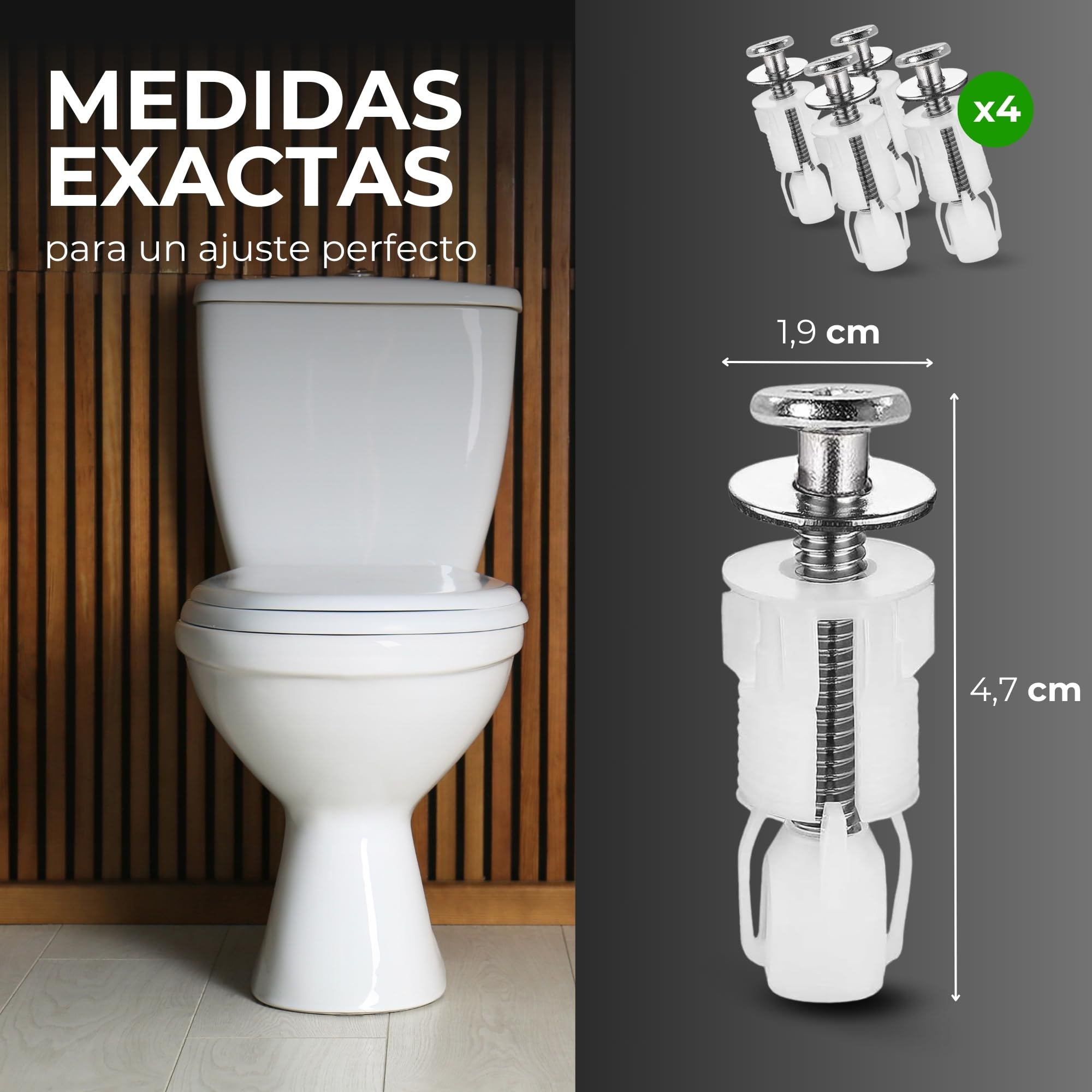 Pack de 4 Tornillos de Nailon para Asiento de Inodoro, Fijaciones Premium para una sujeción firme y duradera. Renueva las Bisagras de tu WC con confianza.