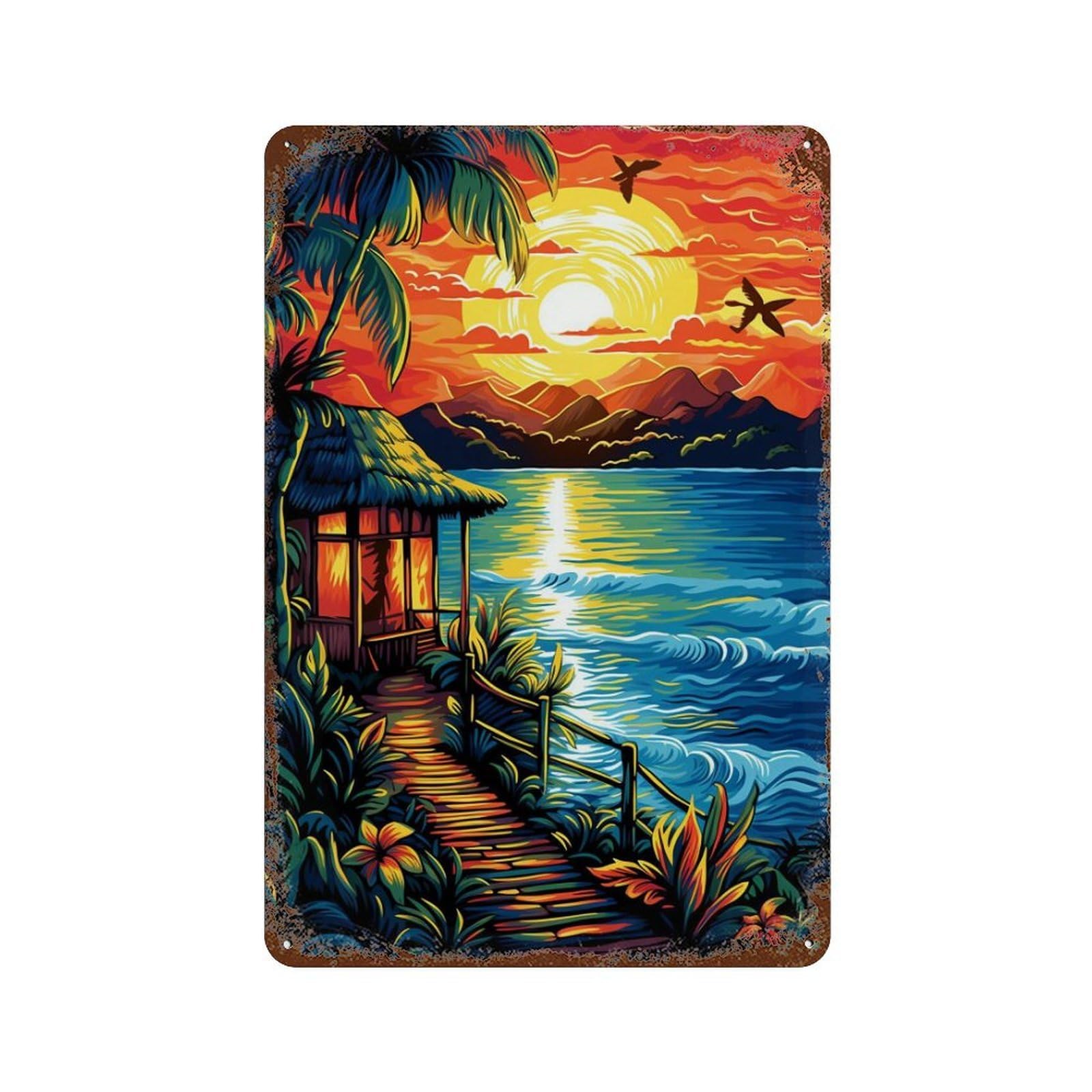 Garage Style Tropical Sunset Hut Scene Rust Effect Tin Sign 11.8"x7.9", Shabby Chic Decor for Bar And Workshop