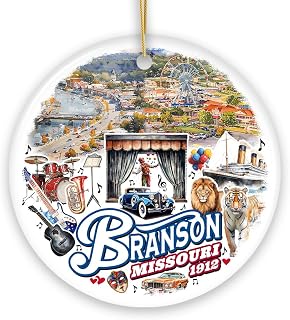 Culturally Vibrant Branson City Ceramic Ornament, Missouri Souvenir and Christmas Tree Decor (Circle)