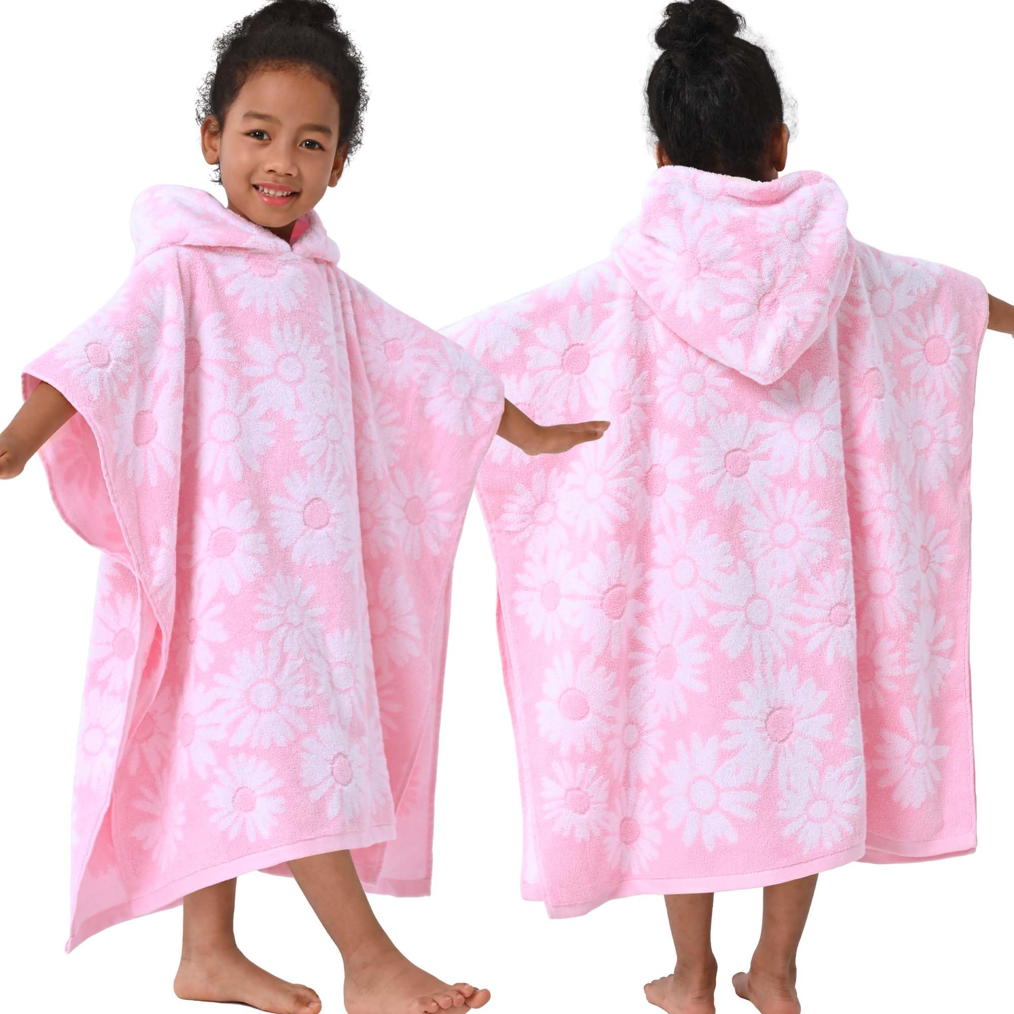 VOOVA & MOVAS Dickes Badetuch mit Kapuze für Kinder (137,2 x 76,2 cm) – weiche, saugfähige türkische Baumwolle, Bademantel, perfekt für Badezimmer, Pool, Schwimmen, Jacquard, Rosa mit weißem