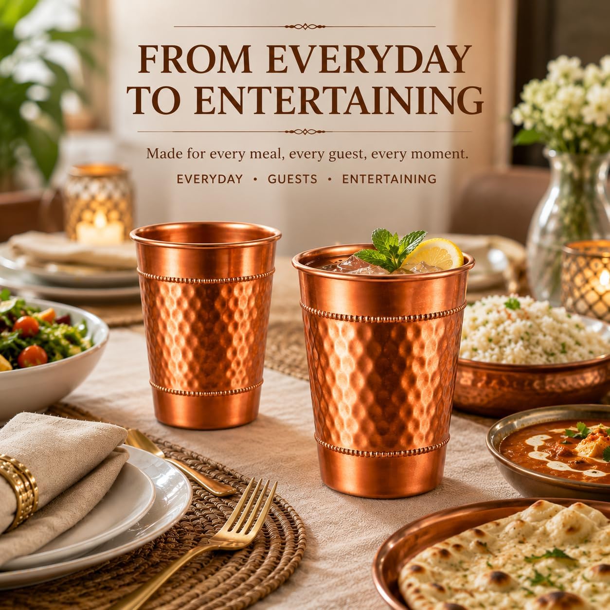 Hammered Pure Copper Water Drinking Glasses Set of 2 Large 13 Oz