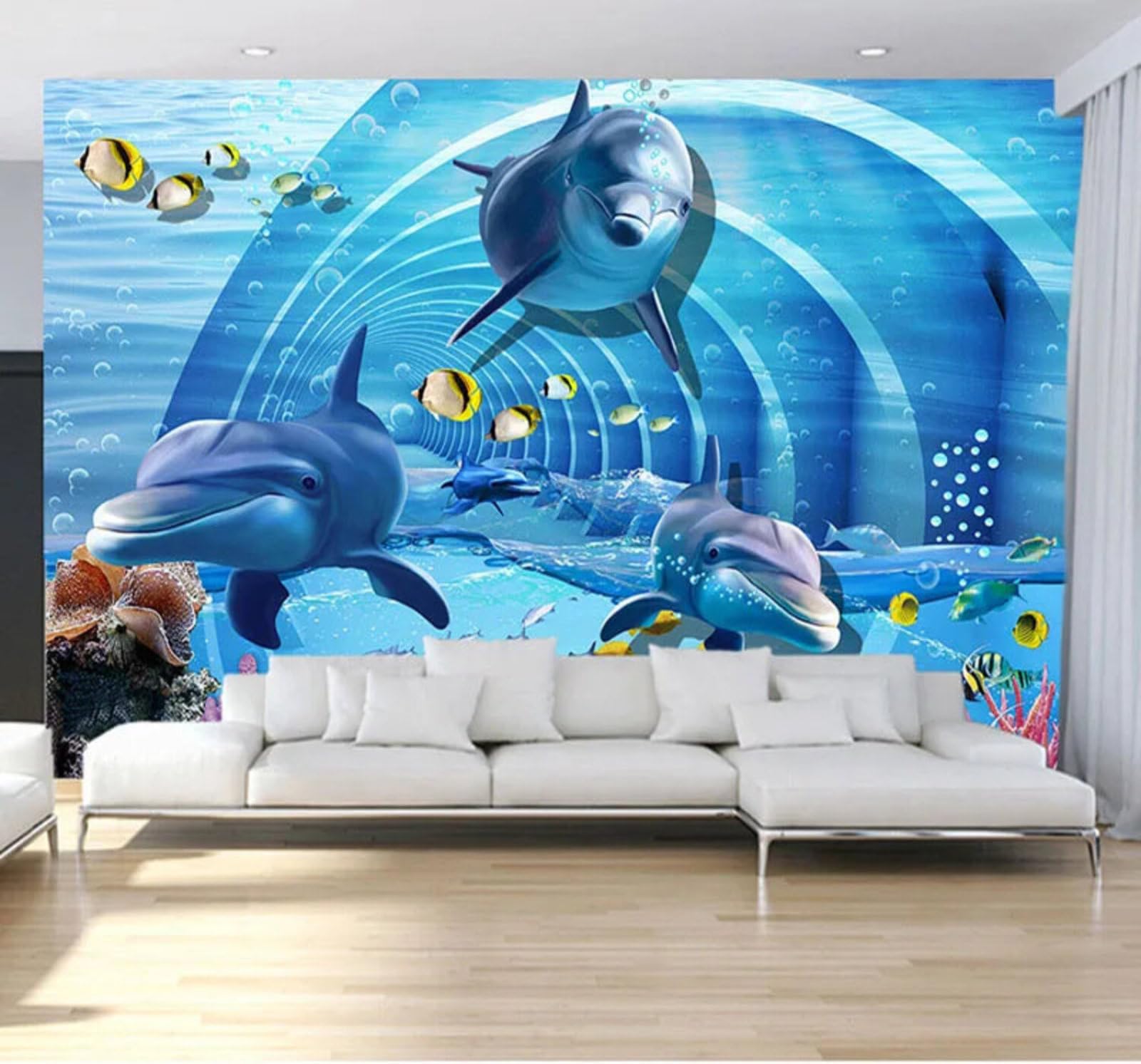 Wallpaper-3D-Xlm 250Cm×170Cm(B×H) Three Dimensional Blue Underwater World Animals Dolphins 3D Wallpaper Easy Install Feature Office Living Room Sofa Bedroom Tv Background Wall Decoration-250Cm×170Cm