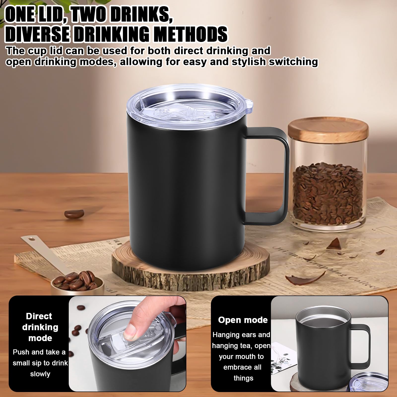 Set di 2 tazze termiche in acciaio inox, 350 ml: tazze da caffè isolate a doppia parete con manico, senza BPA, infrangibili, per campeggio, attività all'aperto, ufficio e viaggi (nero)