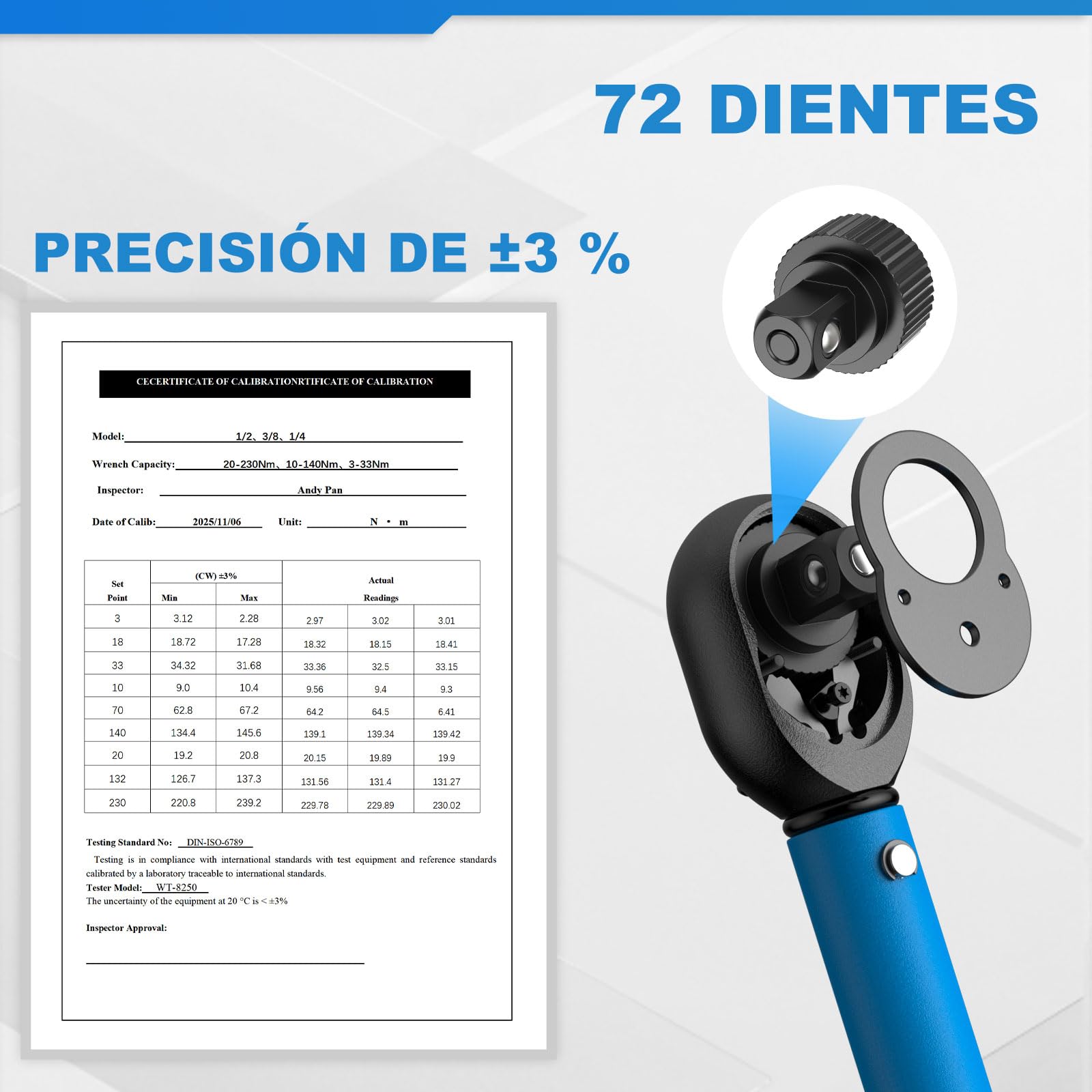 3-Piezas Llaves Dinamométricas, 1/4" 3/8" 1/2" Llave Dinamométrica | Juego de Llave Dinamometrica con 3-230 N·m, ±3% Precisión, 72 Dientes, Doble Escala, para Coche Bicicleta Moto Camione Tuerca