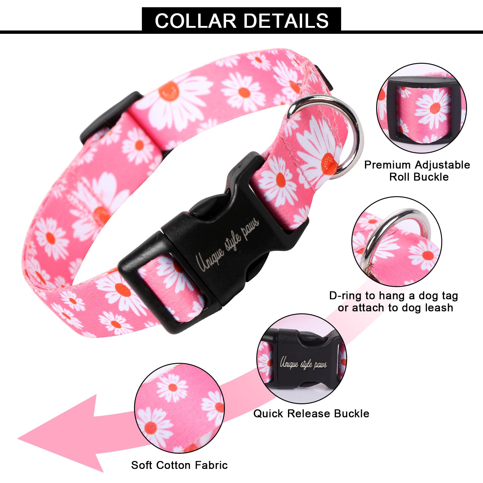 Unique style paws Pink Daisy Dog Collar Puppy Collars Harnesses & Leads For Dogs Uk Bow Tie Soft Adjustable Cute Flower Comfortable Collars Pet Gift For Small Medium Large Dogs S - Image 2