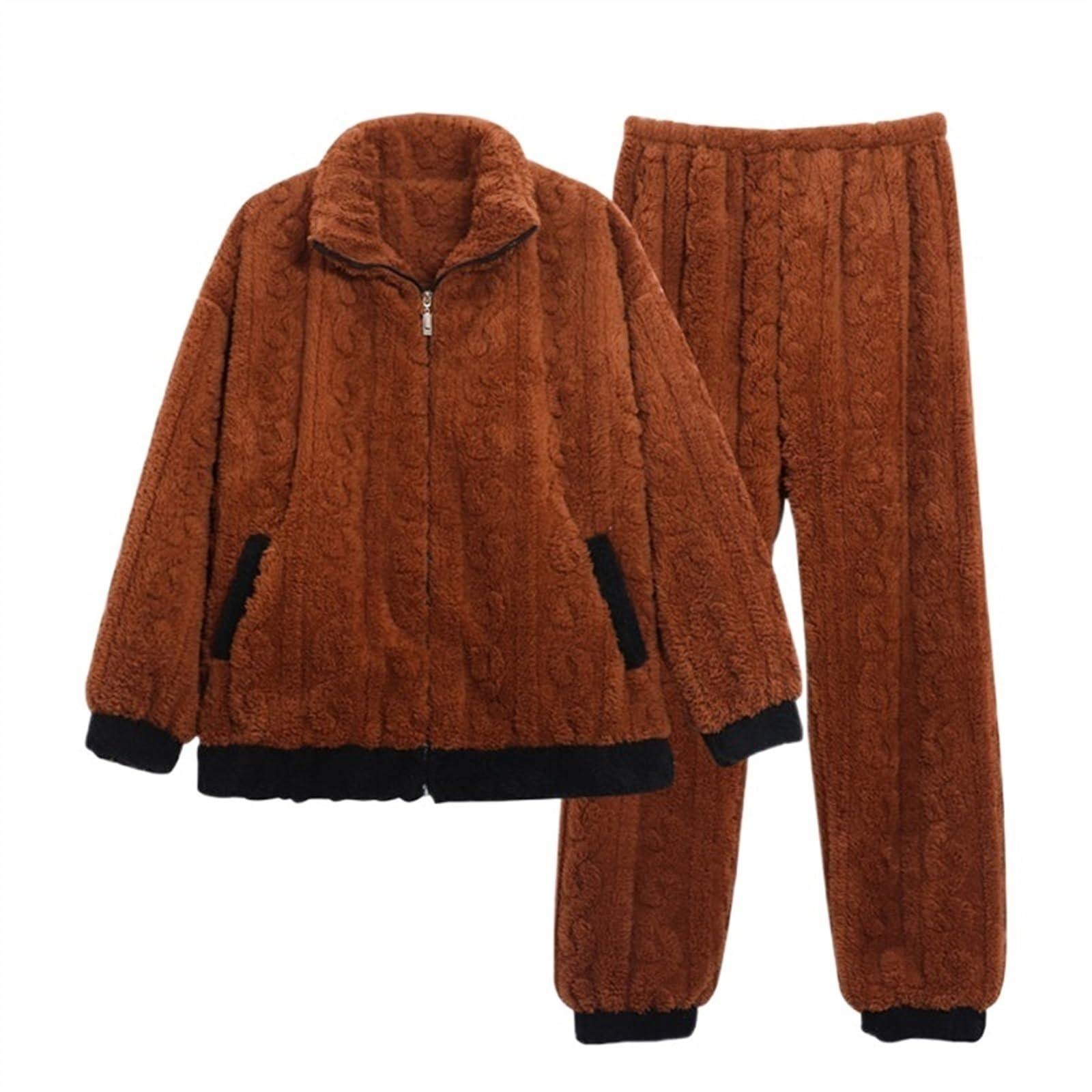 MeiDai Nuevos Pijamas Gruesos y cálidos de Invierno for Mujer, Ropa de Dormir marrón de Tejido Suave de Jacquard, Pijama Holgado con Cuello Vuelto for niñas (Color : 1, Size : XXL for 70-80kg)