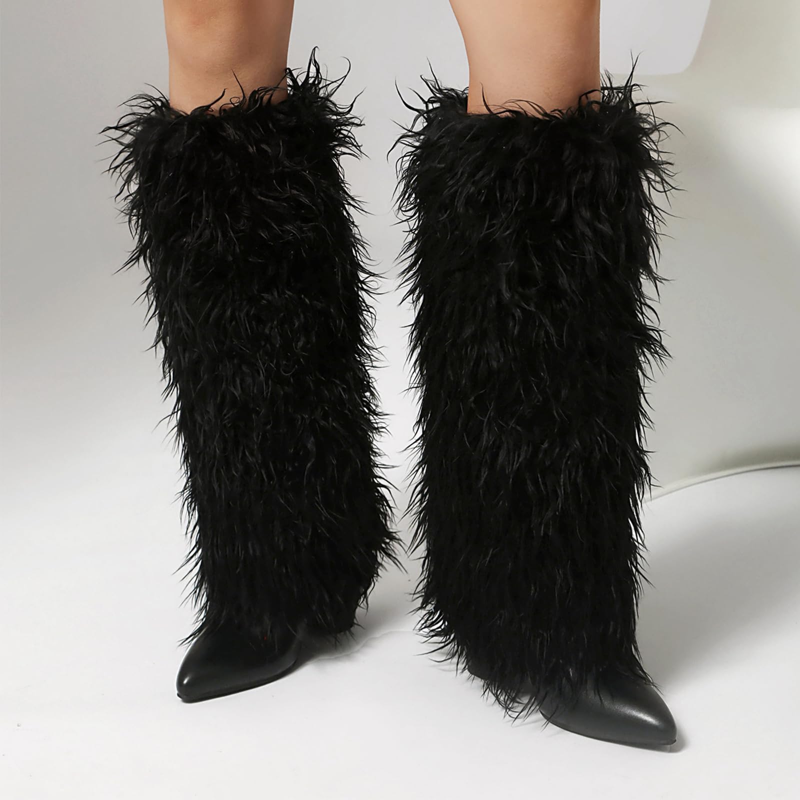 Damskie buty do kolan ze sztucznego futra szpiczasty nosek szpilki modne wyraziste buty stylowe zimowe jesienne przyjęcie wieczorne wyjście biuro podróż odzież na co dzień, Czarny, 40 EU