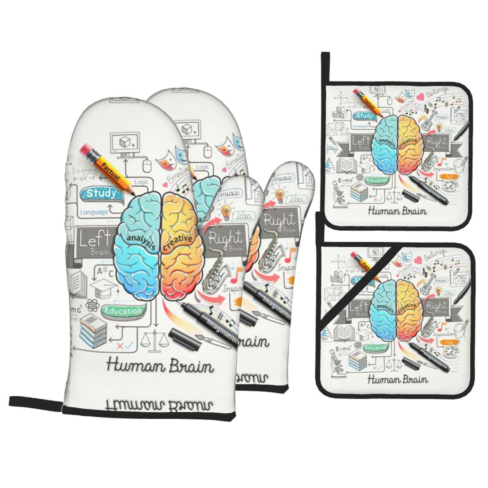 Yagdaa Black Human Brain Print Oven Mitts Pot Holders 4 Pcs Set Kitchen Oven Gloves Cooking Baking Grilling Accessories